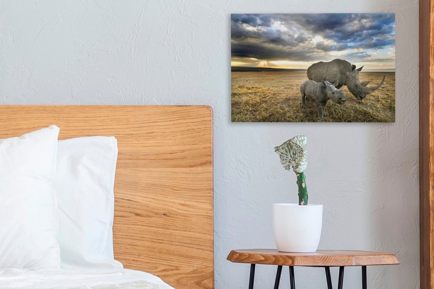 OneMillionCanvasses® Leinwandbild - Wanddeko, Rhinozeros (1 - cm Leinwandbilder, 30x20 St), Kalb Tiere, Aufhängefertig, Wandbild