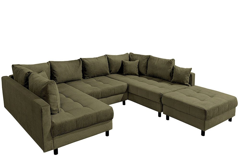 riess-ambiente Wohnlandschaft KENT 305cm grün/schwarz- inkl. Hocker & Kissen, Cord, Rundumbezug, FSC, Einzelartikel 1 Teile, XXL Couch in U-Form - ideal für große Wohnzimmer & Wohnbereiche
