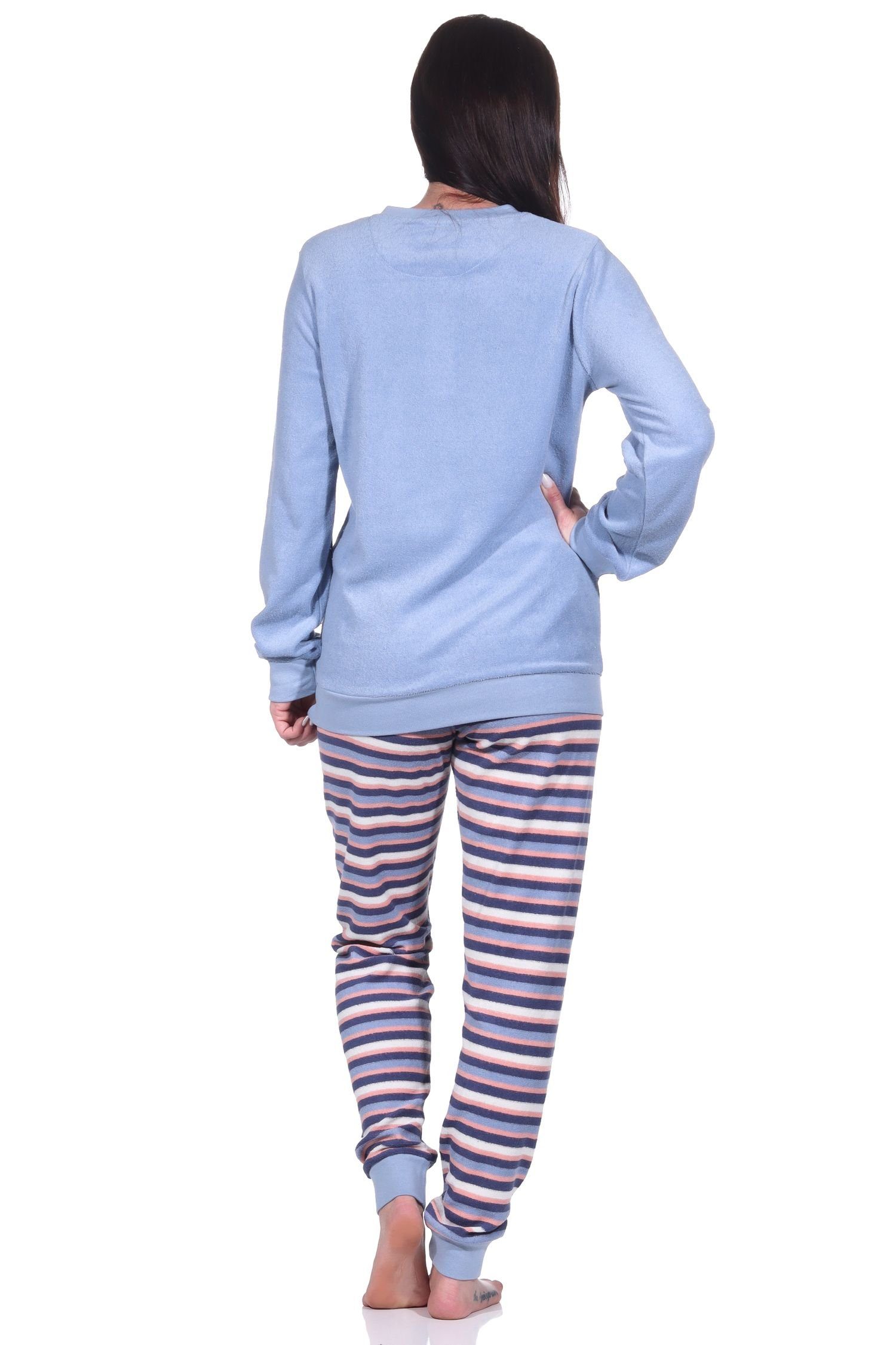 Normann hellblau Pyjama, langarm Frottee Schlafanzug mit süßem Pyjama Damen Katzen-Motiv