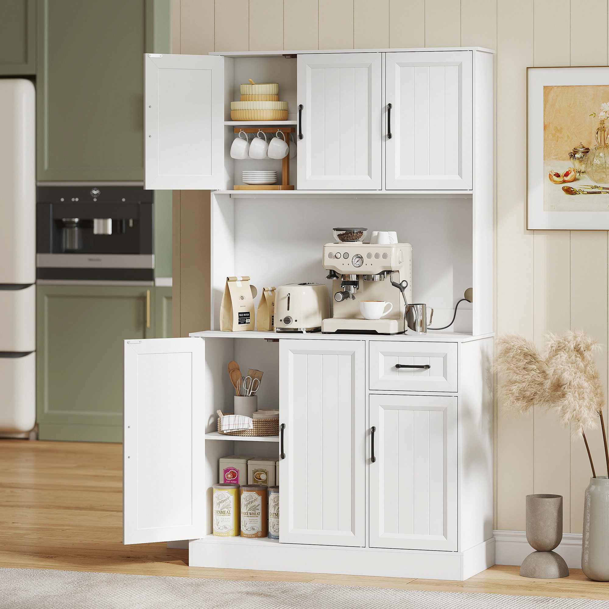 HOMCOM Küchenbuffet Küchenschrank mit Arbeitsplatte, 6 Türen, Schublade, Hochschrank (Buffetschrank, 1-St., Küchenschrank) für Küche Wohnzimmer Esszimmer 100 x 39,5 x 180,5 cm Weiß