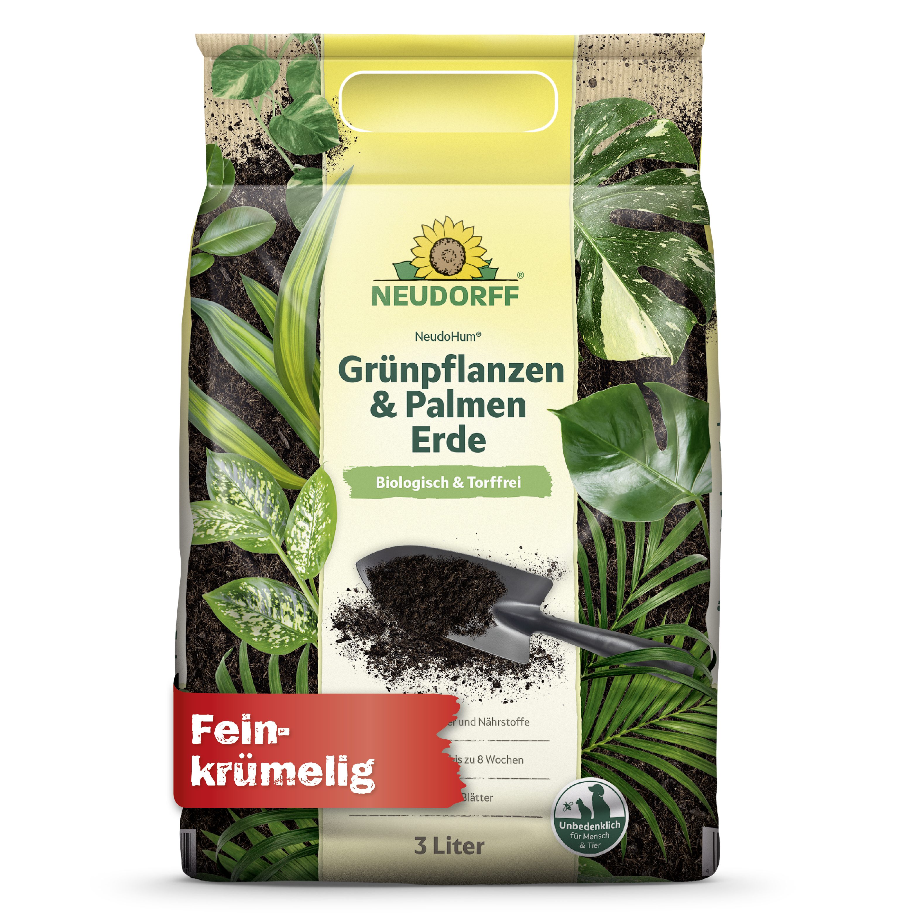 Neudorff Blumenerde NeudoHum Grünpflanzen- & PalmenErde 3 L, mit Organische Grunddüngung, (Einzelartikel, Für intensiv grüne Blätter), Speichert Wasser und Nährstoffe, vorgedüngt bis zu 4 Wochen