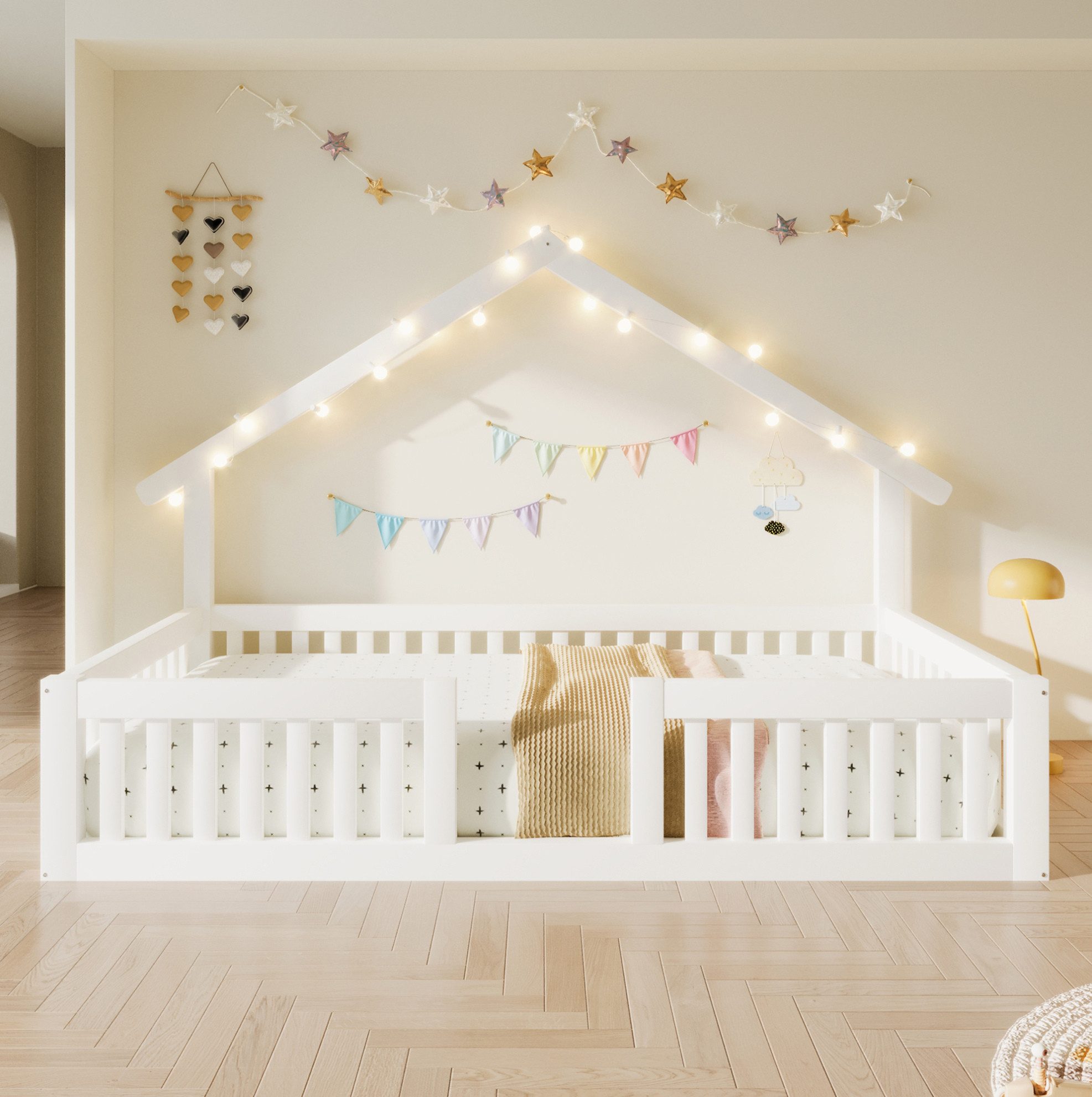 REDOM Kinderbett Jugendbett aus Holz mit Sicherheitsgitter 90×200 cm Ohne Matratze (Packung, 1-tlg., Bodenmodell Bett mit Rausfallschutz für Kinder und Jugendliche), Hausbett mit LED Beleuchtung und Rahmen in Weiß für Schlafräume