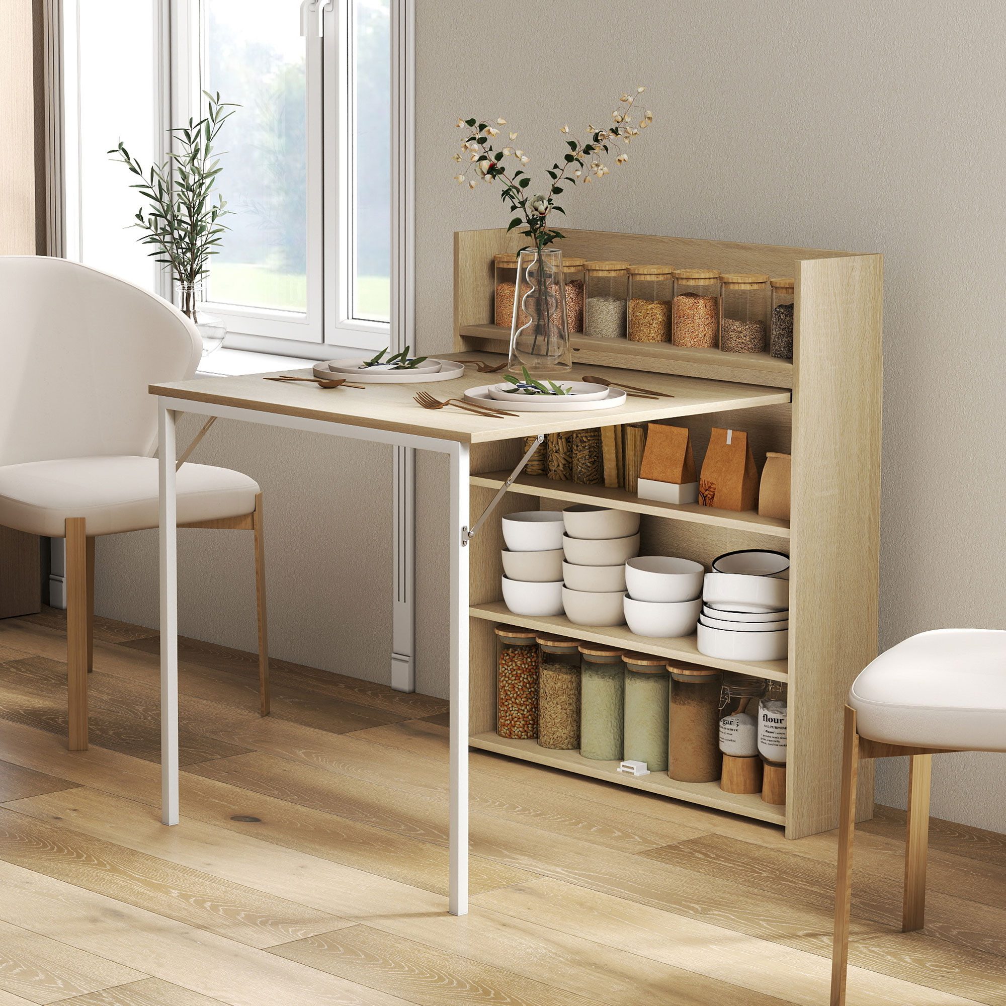 HOMCOM Klapptisch Esstisch Klappbar für 3 Personen mit 4-stufigen Regalen (Esszimmertisch, 1-St., Küchentisch), für kleine Räume, Küche, Esszimmer, 78,5 x 91 x 93 cm, Eiche