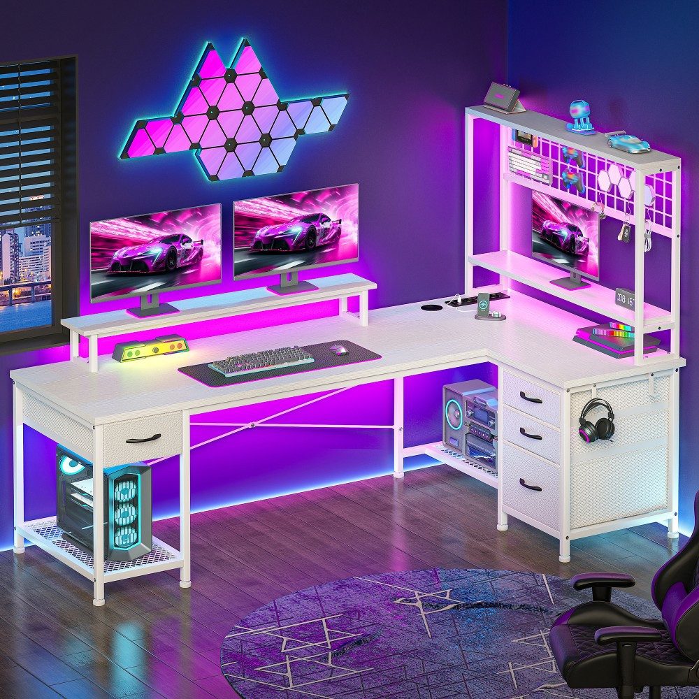 Klyvvo Schreibtisch L Form Gaming Schreibtisch mit Bücherregal für Homeoffice (1-St., Umkehrbar Computertisch mit 4 Schubladen, Monitorständer, LED), USB-Ladeanschluss und Steckdose, Kopfhörerhaken, 140x100×167cm, Weiß