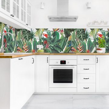 Bilderdepot24 Küchenrückwand grün dekor Botanik Tropisch Muster Tiere Bunter tropischer Regenwald, (1-tlg., Nischenrückwand - für Fliesenspiegel ohne Bohren - matt), Spritzschutz Rückwand Küche Herd - Folie selbstklebend versch. Größen