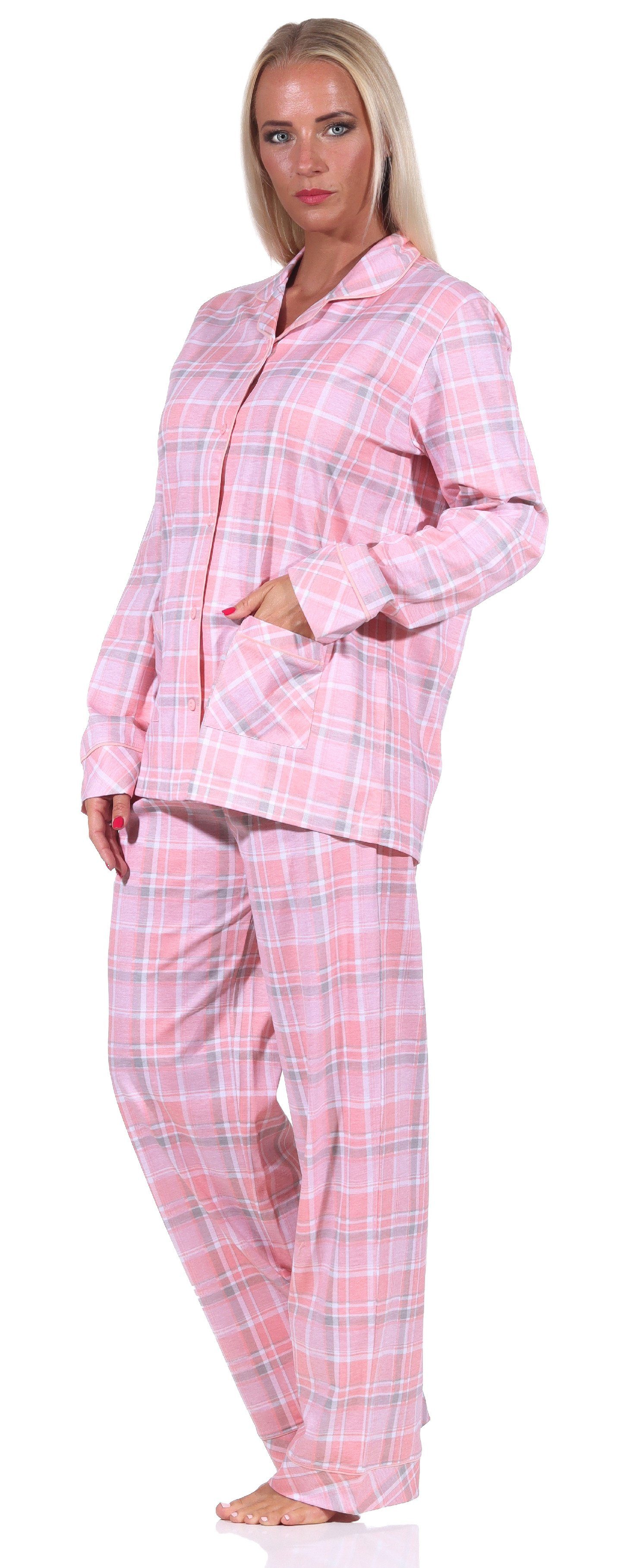 in Schlafanzug rosa Karopotik Damen Normann langarm Pyjama Jersey in Single Qualität