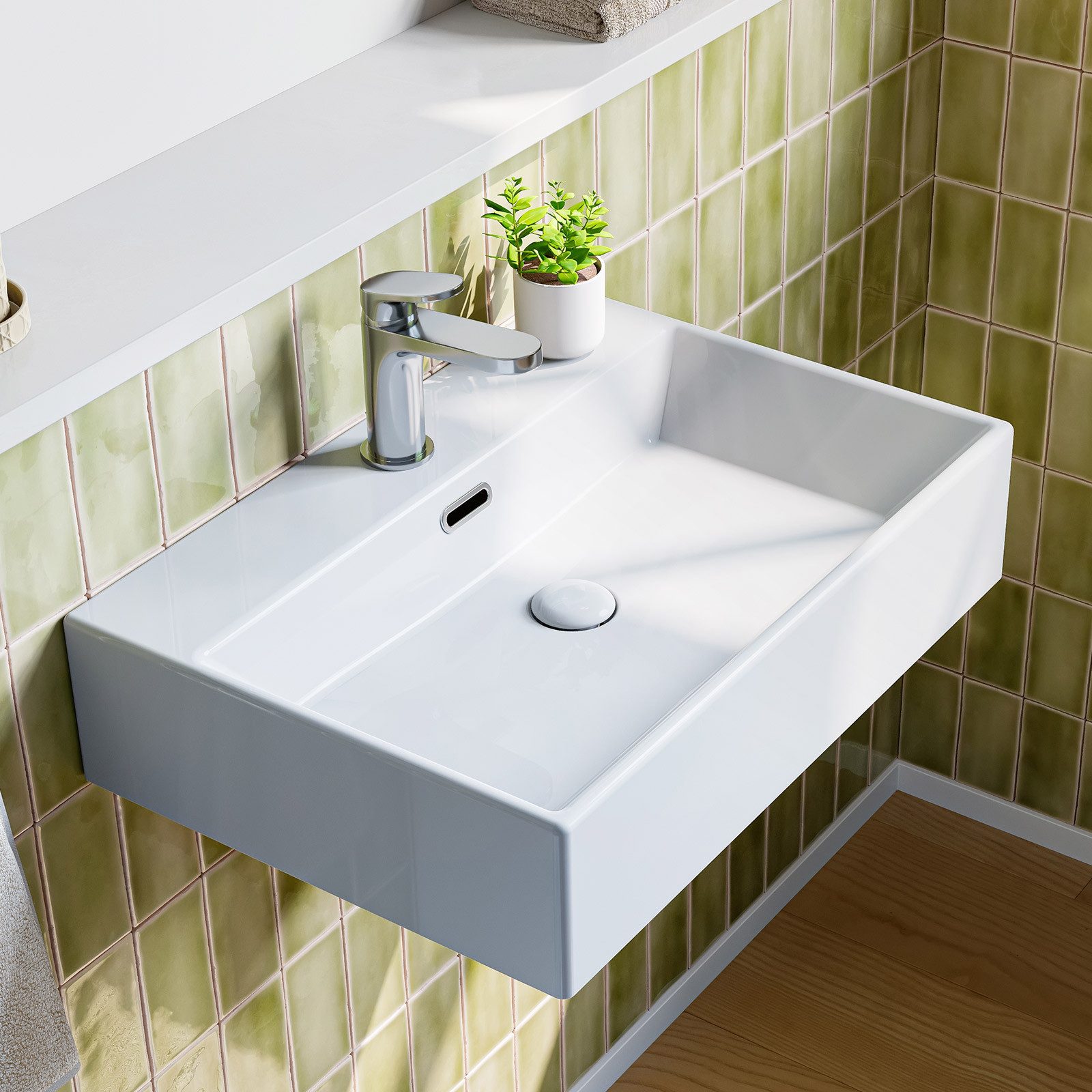 HOROW Раковины Keramik Aufsatzwaschbecken Hängewaschbecken 50cm 60cm 75cm (Badezimmer Waschtisch, mit Hahnloch und Überlauf - Weiß/Schwarz)