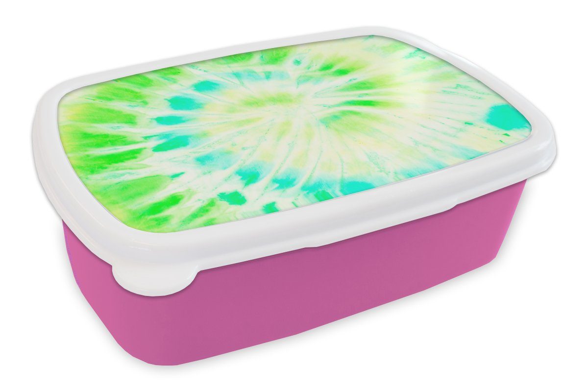 MuchoWow Lunchbox Krawattenfärbung - Grün - Muschel, Kunststoff, (2-tlg), Brotbox für Erwachsene, Brotdose Kinder, Snackbox, Mädchen, Kunststoff rosa