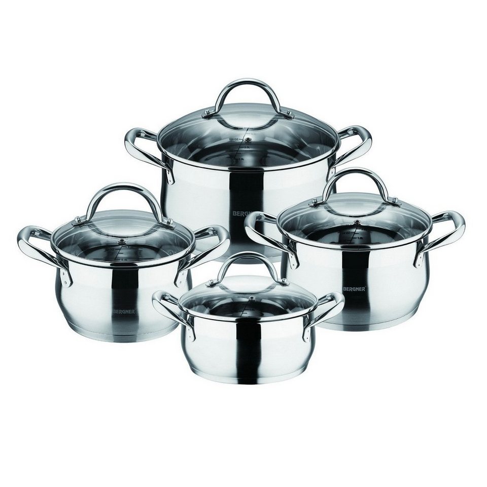 Bergner Topf-Set Kochtopfset Kochtopf-Set Kochtöpfe BG-6523, Edelstahl  (spülmaschinengeeignetes Topfset, 8-tlg., Ø 16 cm/1,5 L, Ø 20 cm/2,5 L, Ø 20  cm/3 L, Ø 24 cm/5,0 L), für alle gängigen Herdarten, auch Induktion