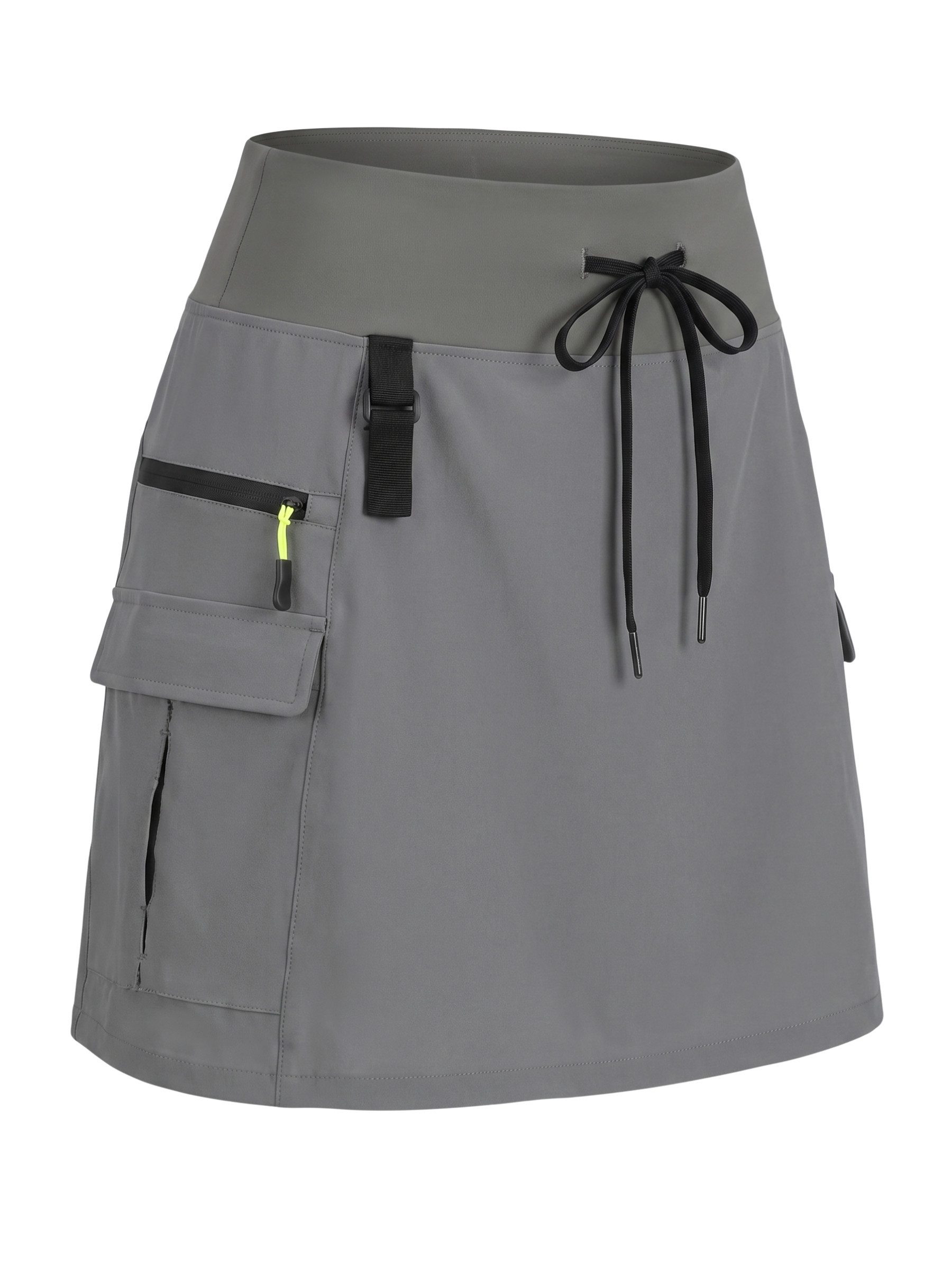 FemmeTone Minirock Damen Cargorock sportlich mit Taschen, kurzer Sommerrock mit Kordelzug Outdoorrock mit Reißverschlusstaschen, Freizeitrock elastischer Bund