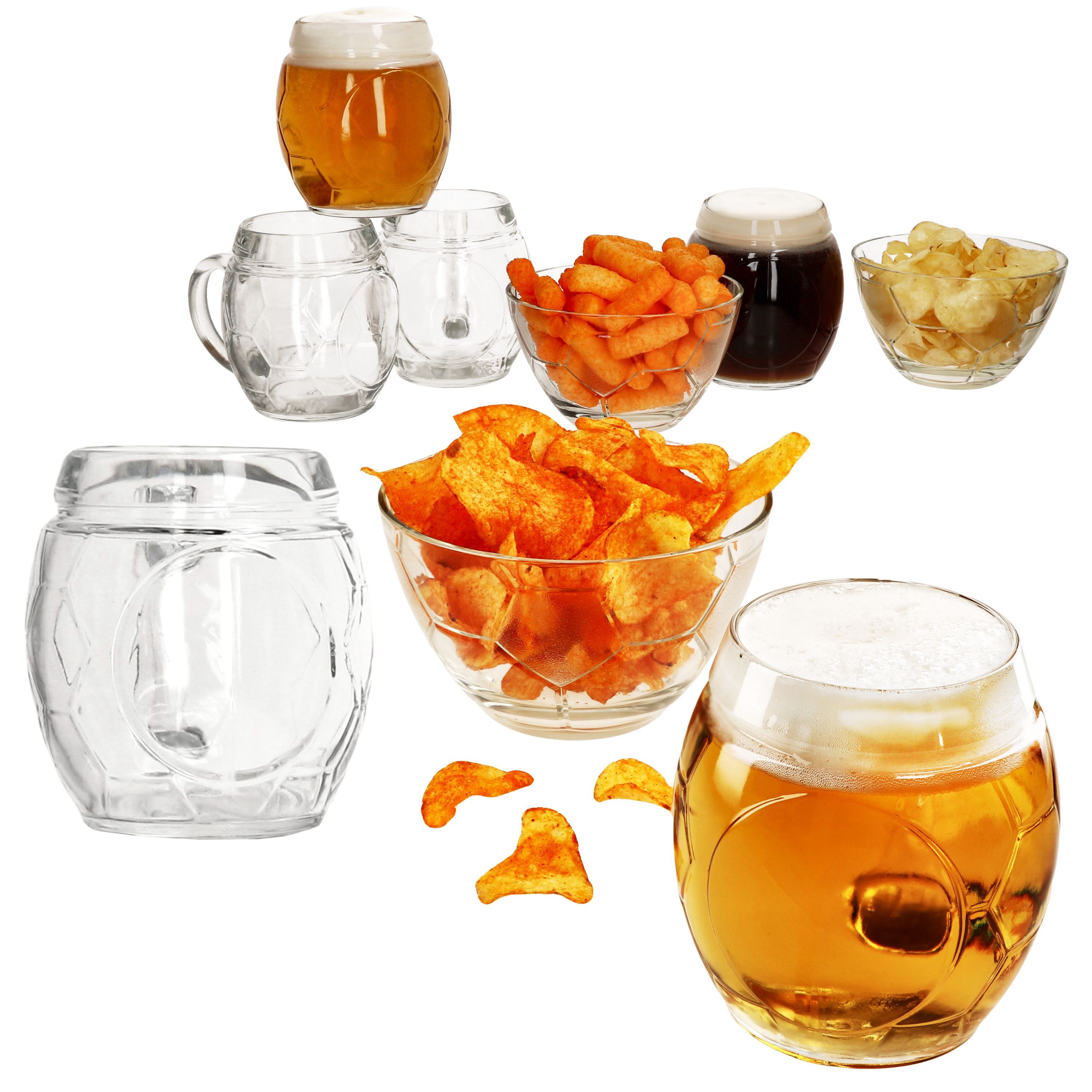 MamboCat Bierglas 9tlg Fußball Set Пивные бокалы 0,5L geeicht & Schale Ball-Relief Krug, Glas
