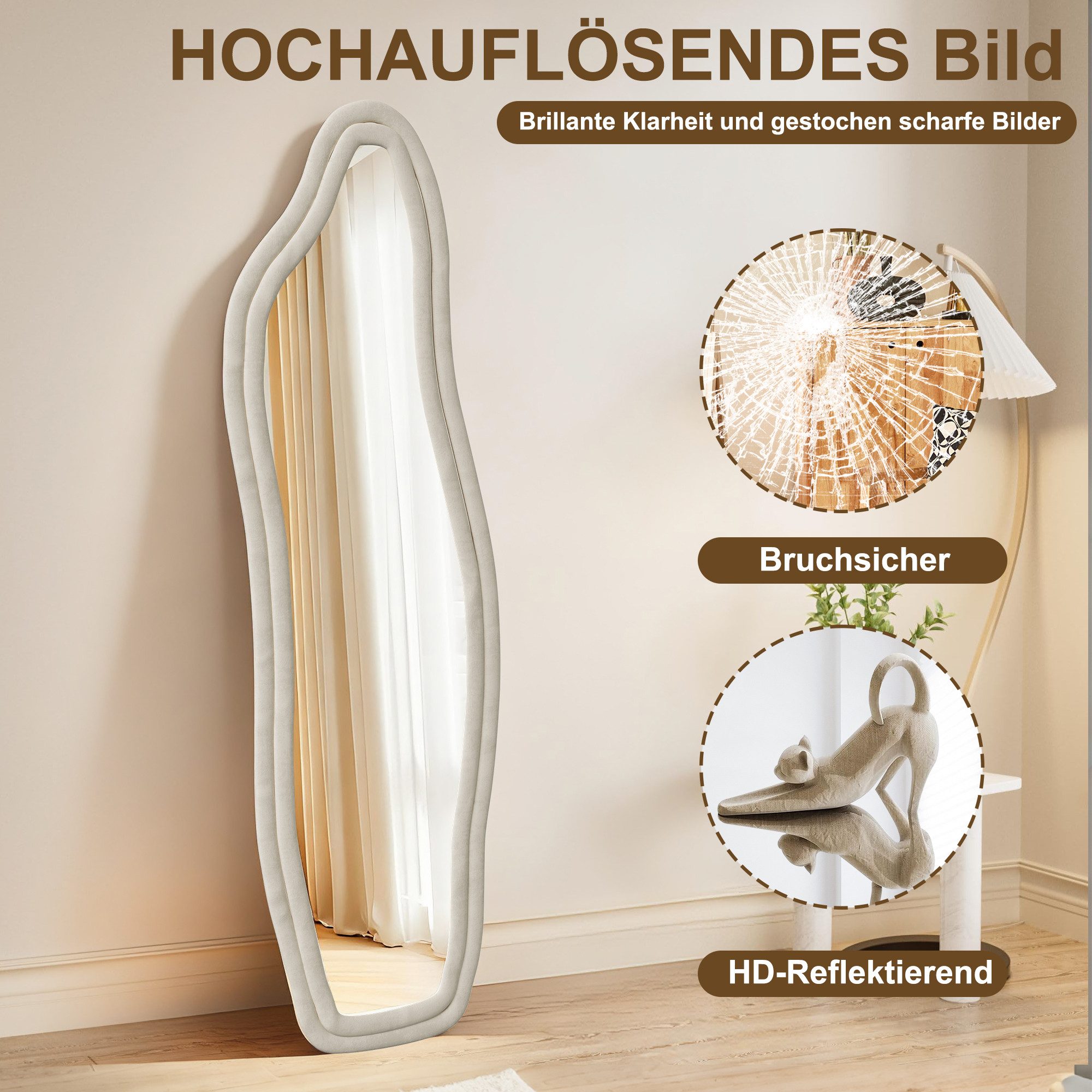 FUROKOY Ganzkörperspiegel Standspiegel mit Kristall-Samt Rahmen und verstarktem Glas, Asymmetrisch Wandspiegel,140x45cm,Weiß,Rahmen
