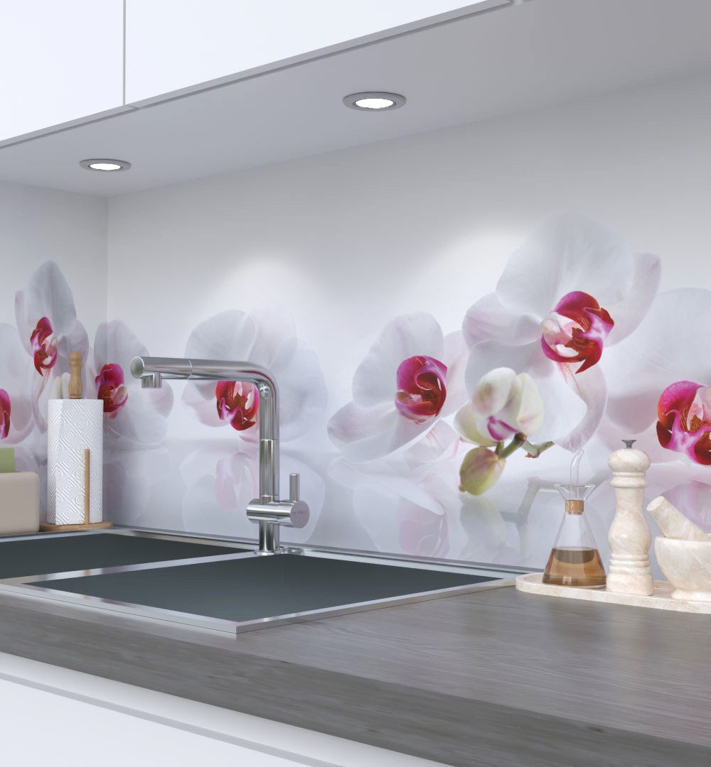 MyMaxxi Küchenrückwand Küchenrückwand selbstklebend Orchidee Weiß Spritzschutz Folie, (Klebefolie passend geschnitten und gerollt B 180 cm x H 60 cm), Orchidee Weiss B 180 cm x H 60 cm