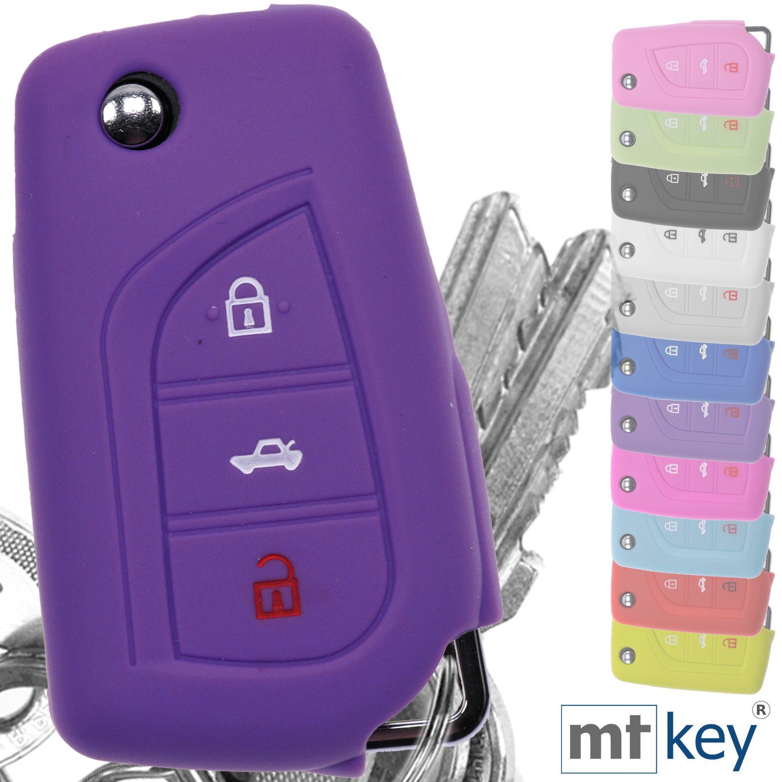 Autoschlüssel Klappschlüssel mt-key Softcase AURIS Silikon Toyota Avensis Corolla Schlüsseltasche 3 für Lila, Schutzhülle Tasten