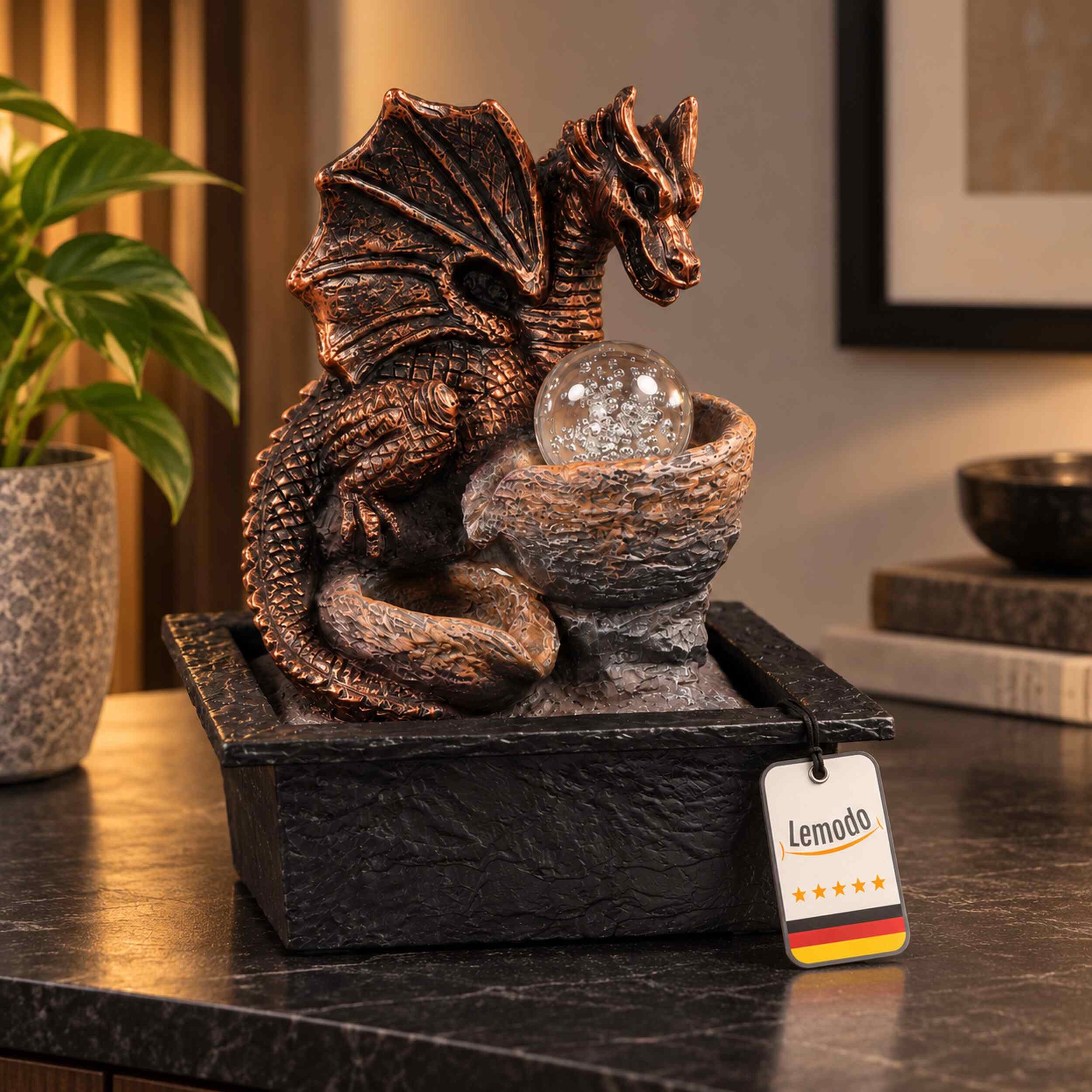 Lemodo Zimmerbrunnen Drache mit rotierender Glaskugel und 4 LED-Lichtern, mit rotierender Glaskugel und LED-Beleuchtung
