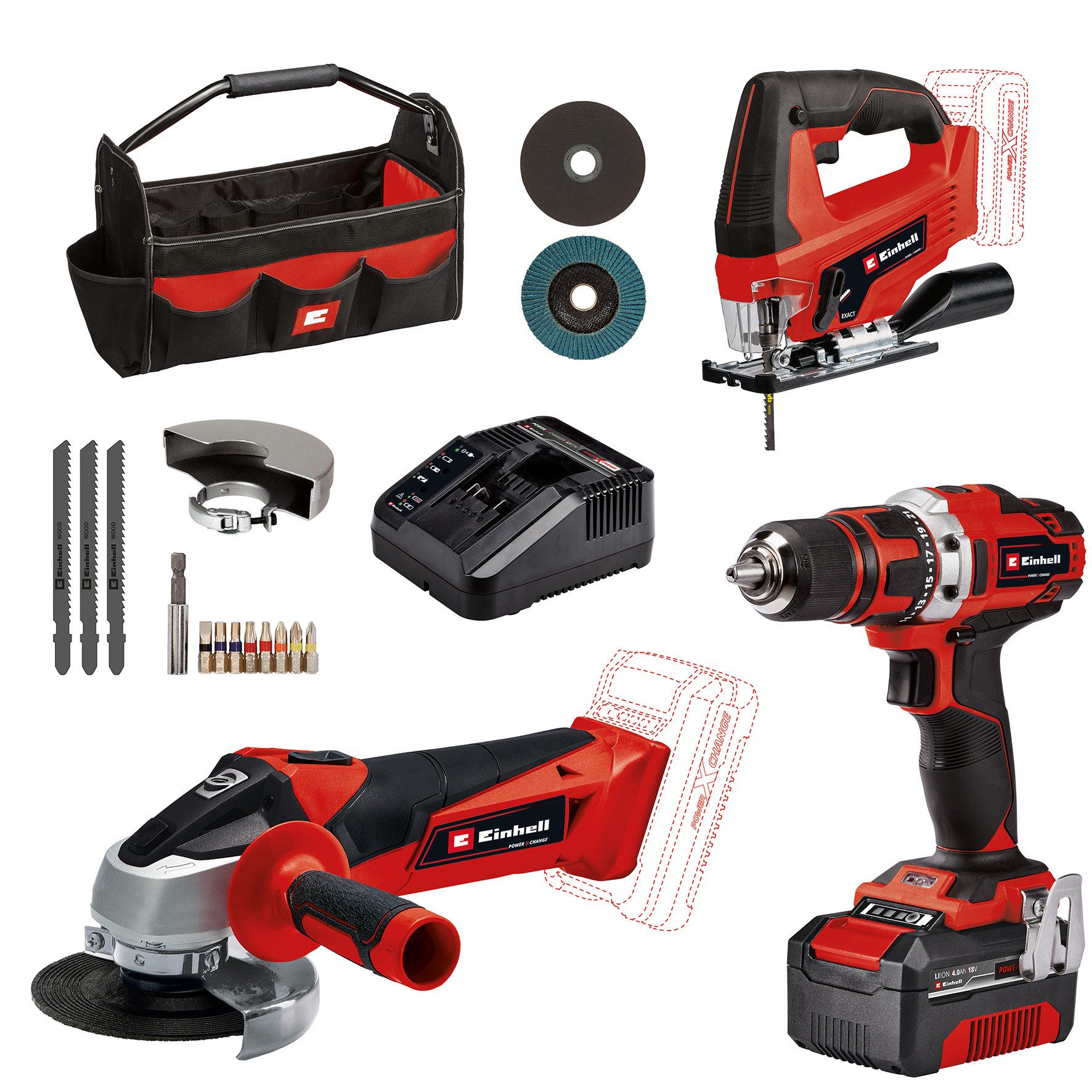 Einhell Elektrowerkzeug-Set TE-TK 18/3 Li Kit (JS+CD+AG), Set, 13-tlg., Akku-Bohrschrauber, -Winkelschleifer und -Stichsäge, Tasche