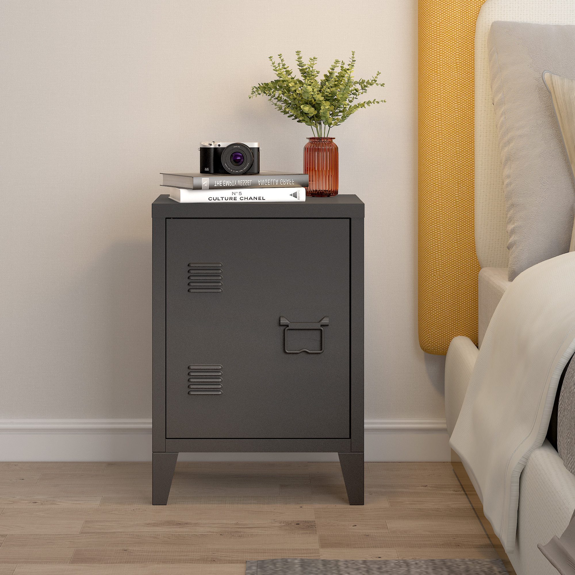 en.casa Nachtschrank »Inari« mit Türgriff rechts Stahl 57 x 40 x 30 cm Schwarz