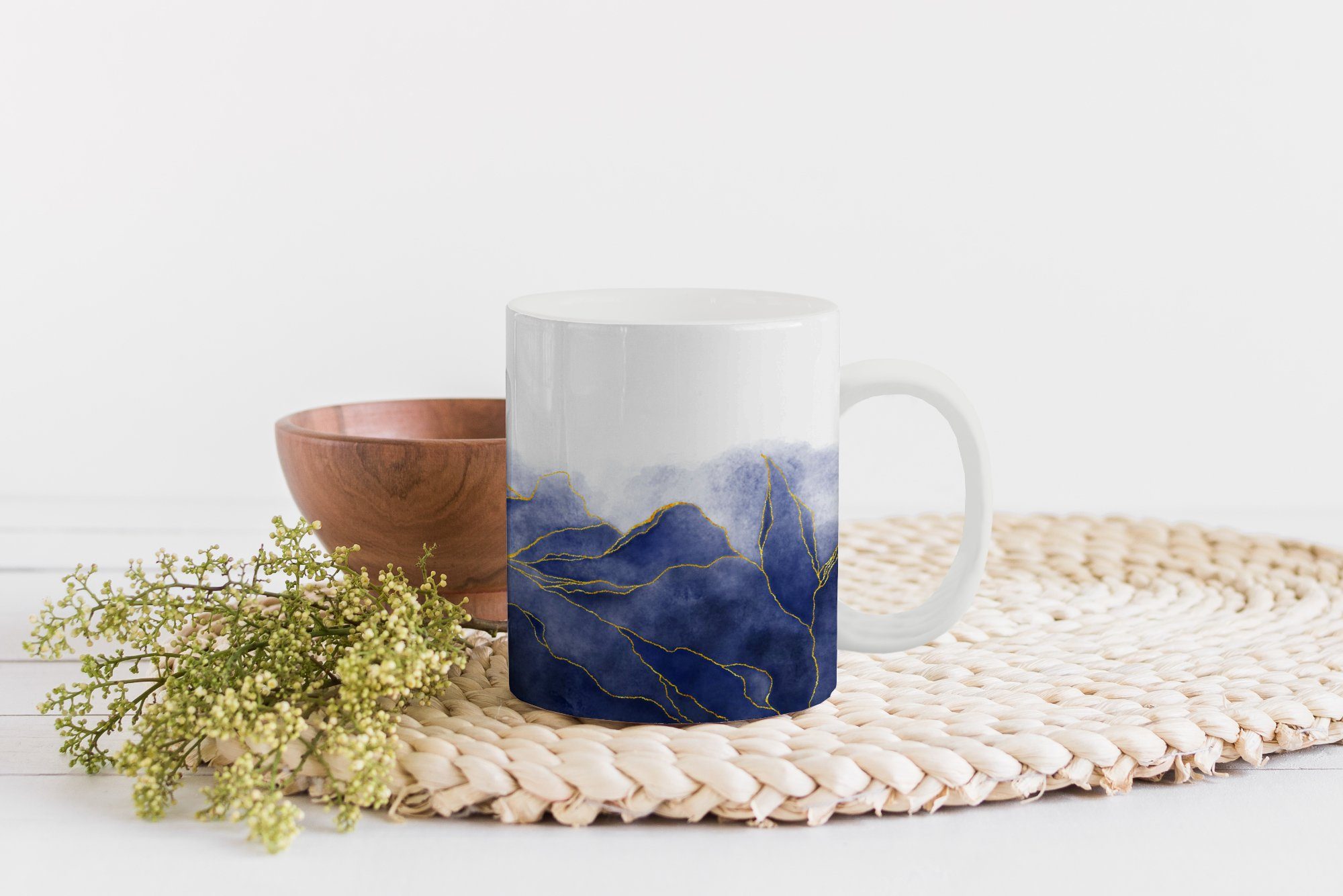 MuchoWow Tasse Marmor - Blau - Teetasse, Keramik, Marmoroptik Teetasse, - Becher, Gold Kaffeetassen, Textur, - Geschenk