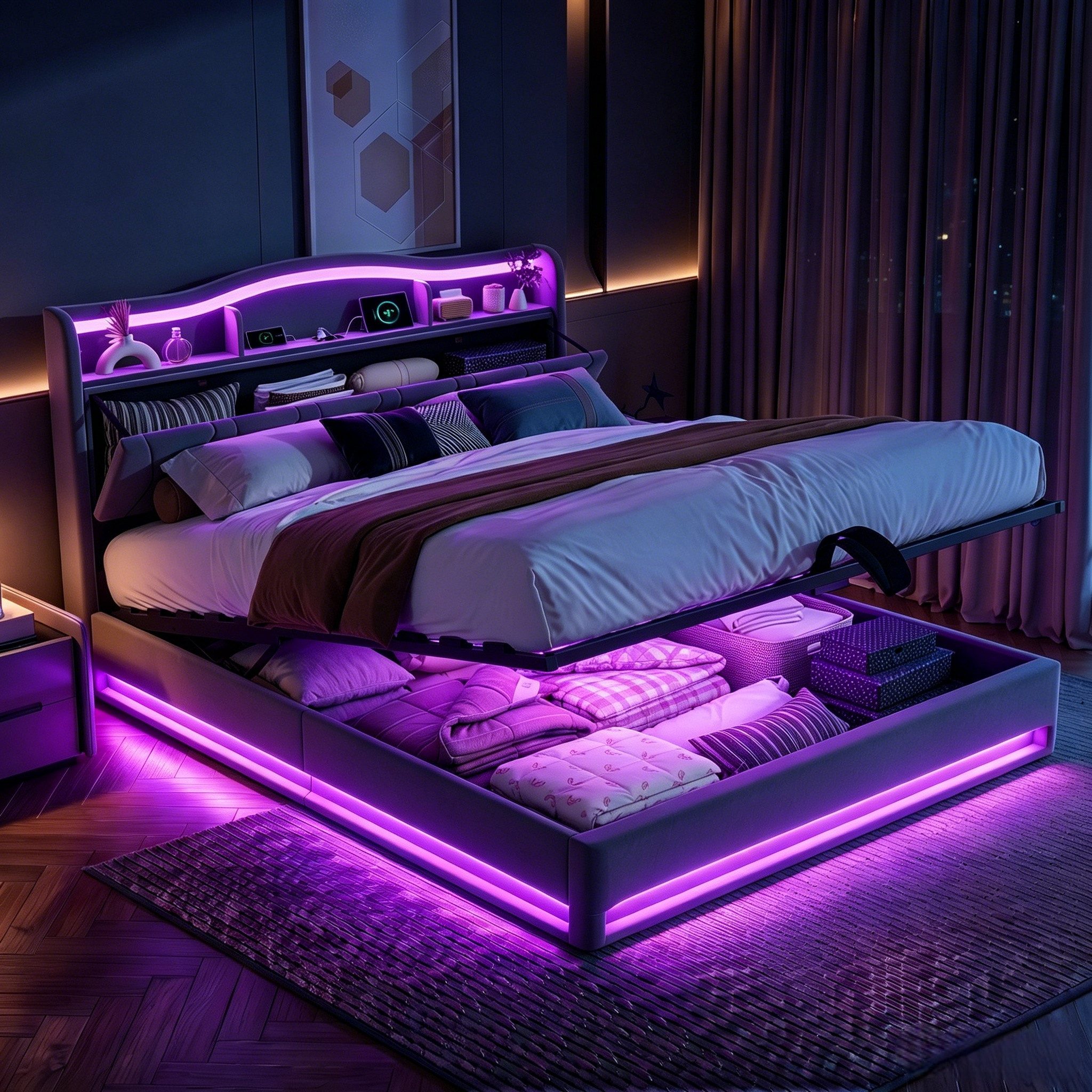 Furnishings Home Polsterbett Stauraumbett LED Doppelbett (1-tlg., Inkl. Komforthöhe Lattenrost, Leises Design Bett), Mit Bettkasten, RGB Beleuchtung, Ladefunktion