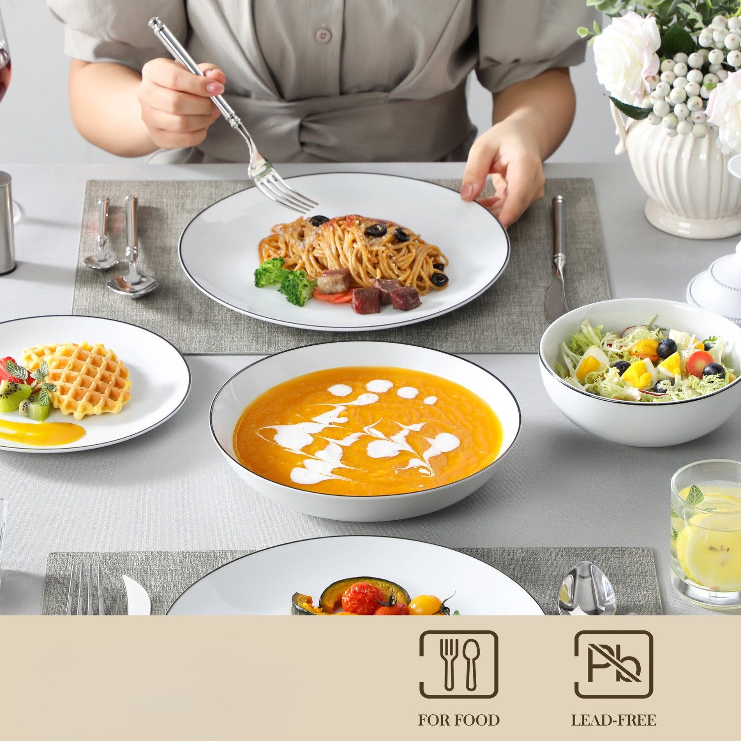 Quality Elegance Geschirr-Set Porzellan Tafelservice Elfenbeinweiß 24-teilig – Teller & Schalen Set (24-tlg), 6 Personen, Porzellan Tafelservice