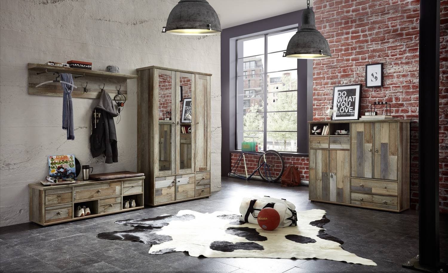 Innostyle Kleiderschrank Garderobenschrank mit 3-türig Driftwood - BONANZA Nachbildung Spiegel