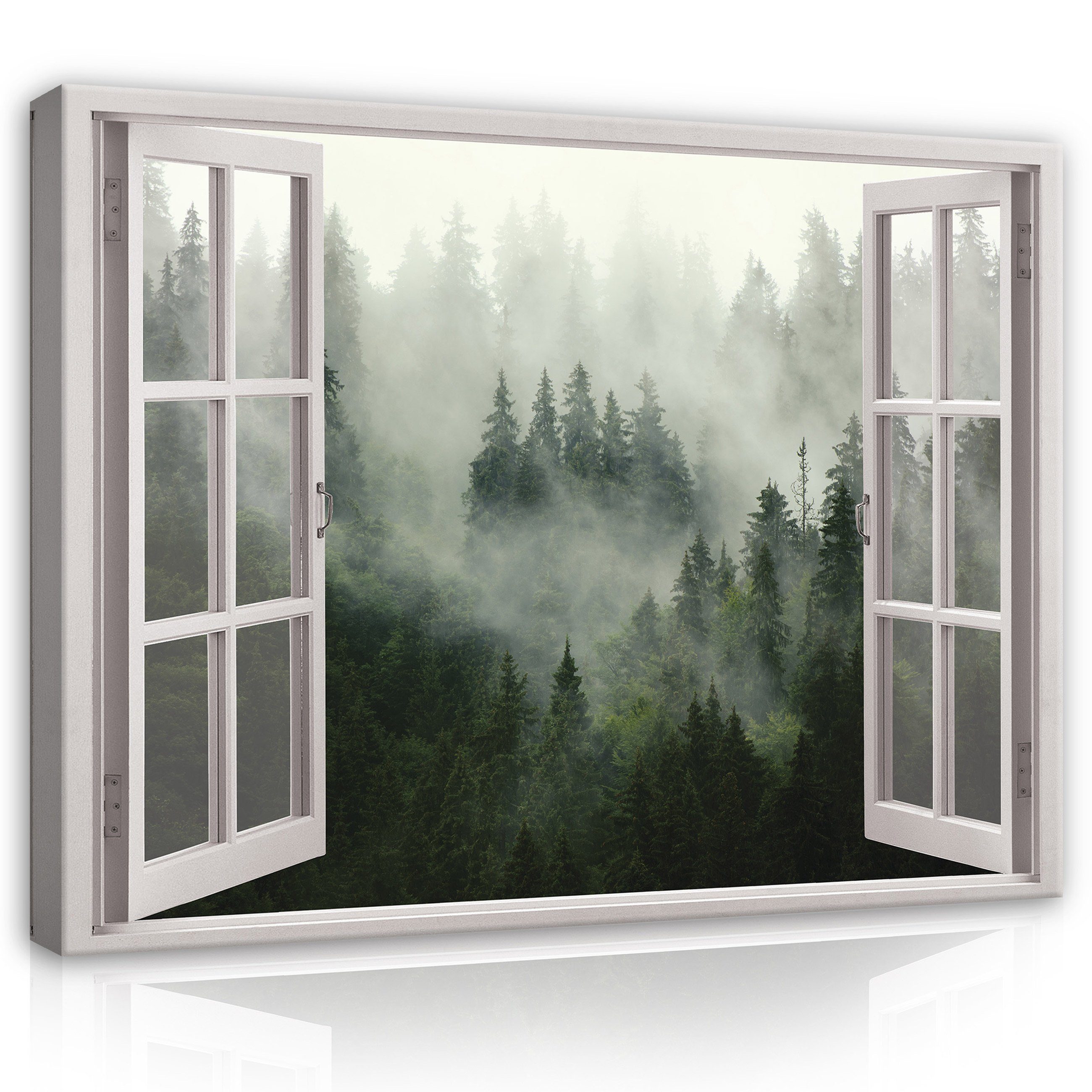 Wallarena Leinwandbild Wald Nebel Fenster Grün Natur Wandbild XXL Modern Le günstig online kaufen