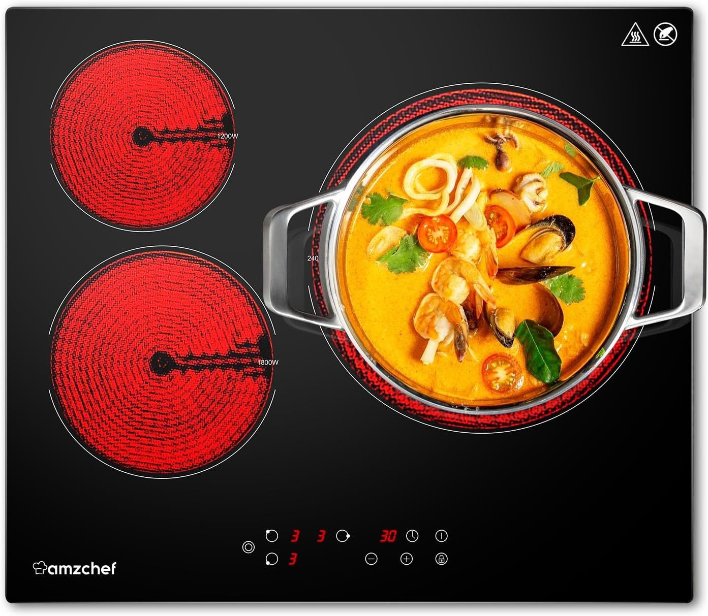 AMZCHEF Elektro-Kochfeld Glaskeramikkochfeld autark 3 Kochzonen 5400W, 9 Leistungsstufen CE-HT5419B3E-2, 99-Min.-Timer, Kindersicherung, Restwärmeanzeige