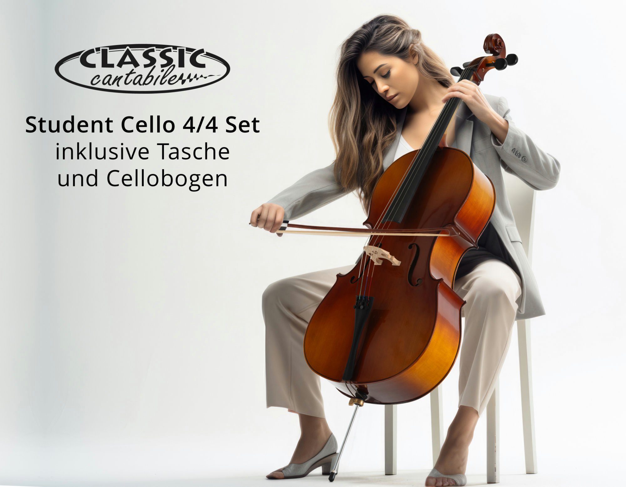 Classic Cantabile Cello Student Cello in 4/4 Größe, Komplett-Set, inkl. Tasche und Bogen, Handgefertigte Qualität