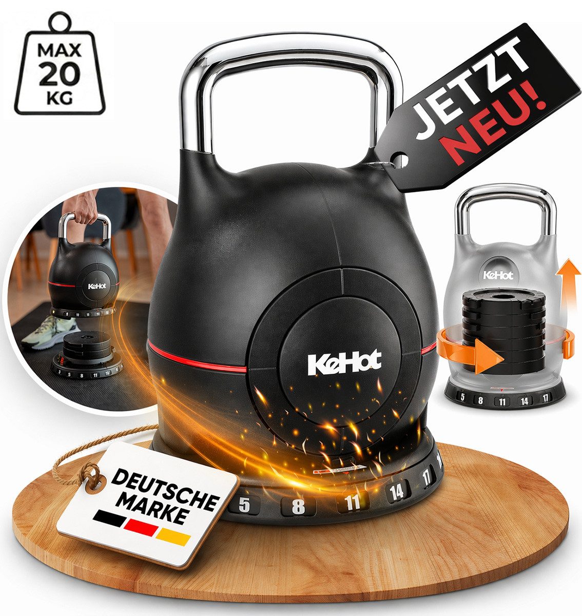 kehot Kettlebell Verstellbare Kettlebell Kugelhantel für Zuhause, (2–20 kg mit 7 Gewichtsstufen, Schnellverstellung mit stabilem Griff), Für Kraftaufbau, Core und Functional Training