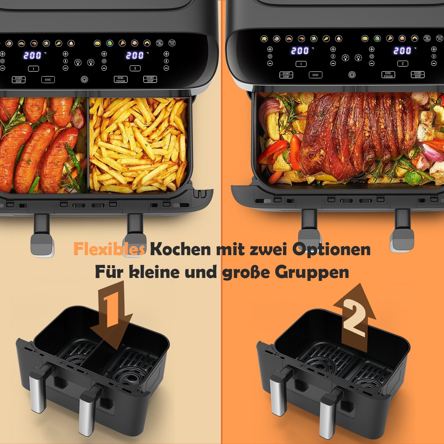 oyajia Heißluftfritteuse Airfryer GSE041T Flexible Basket mit Sichtfenster & Sync-Funktion, zwei Körbe mit 10L, 2600,00 W, 12 Kochfunktionen, Auftauen, Erwärmen, LED TouchScreen