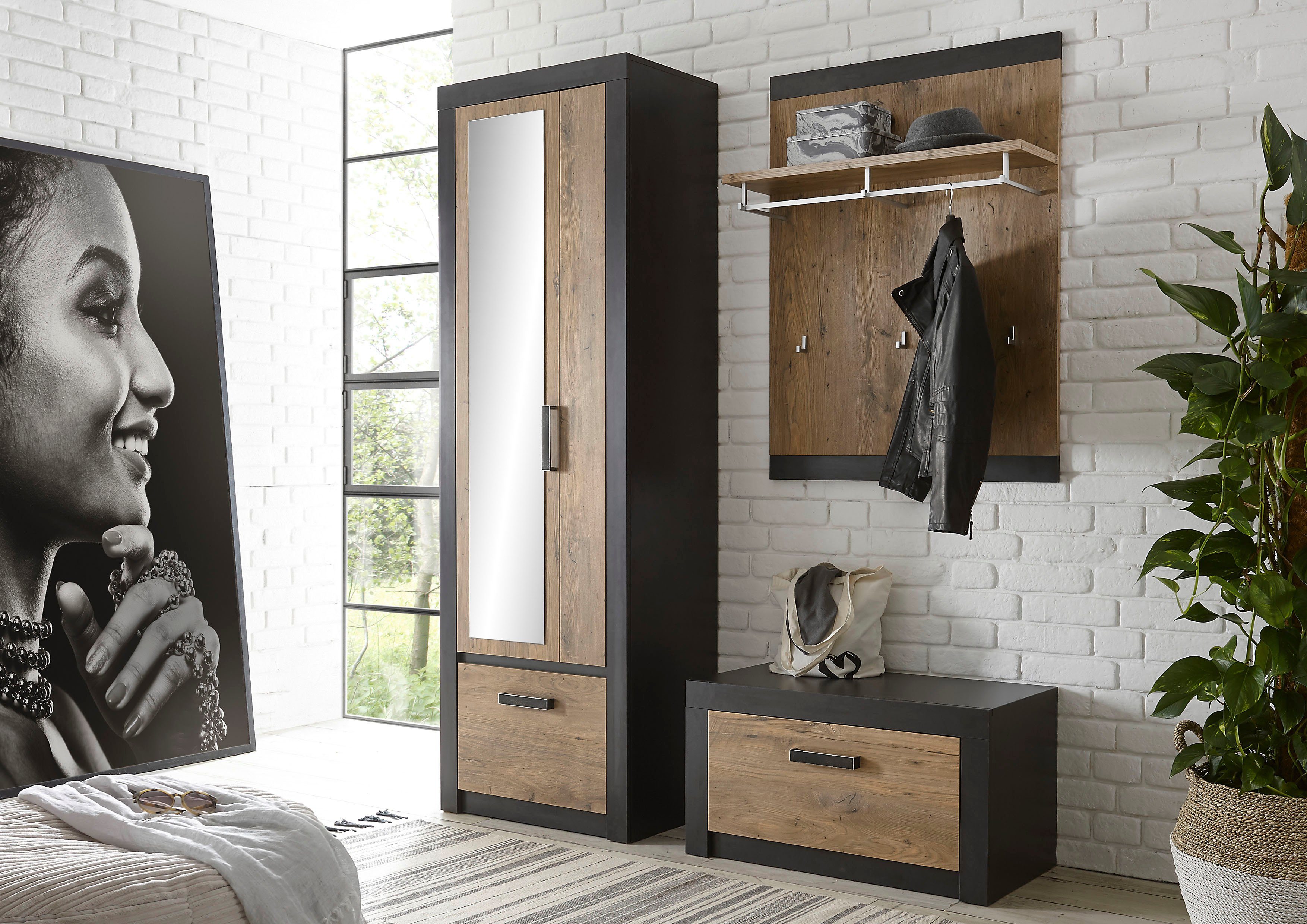 INOSIGN Garderoben-Set BRÜGGE, (Komplett-Set, bestehend aus  Garderobenschrank mit Spiegel, Garderobenbank und), mit einer dekorativen  Rahmenoptik