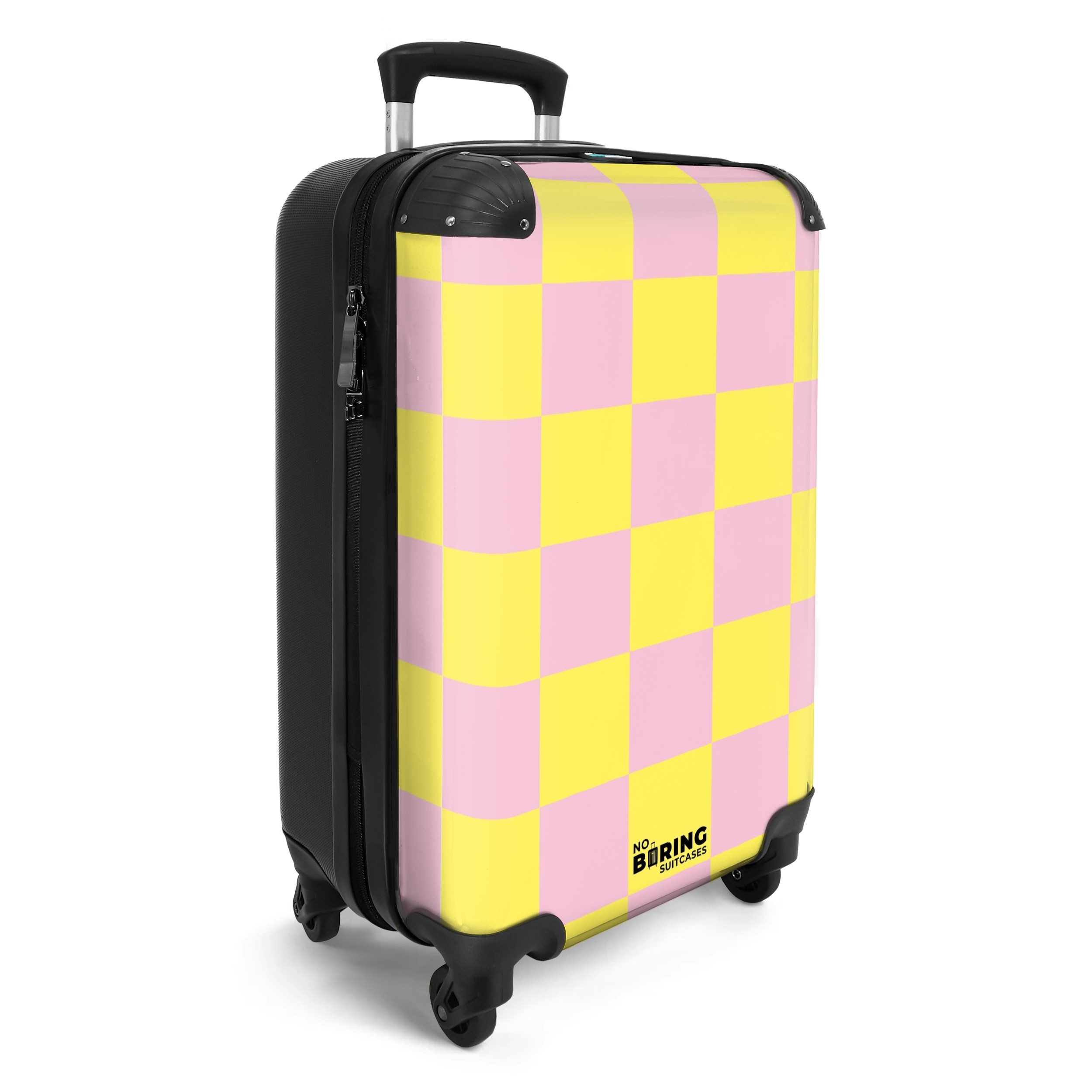NoBoringSuitcases.com© Hartschalen-Trolley Gelb mit rosa Schachbrettmuster günstig online kaufen