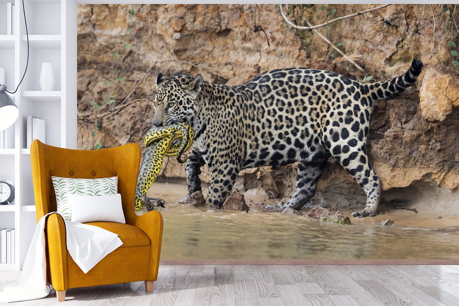 MuchoWow Fototapete Jaguar Matt, (6 - Wohnzimmer, Kinderzimmer, Schlafzimmer, - Tapete Wasser, Vinyl Schlange bedruckt, für St), Wallpaper