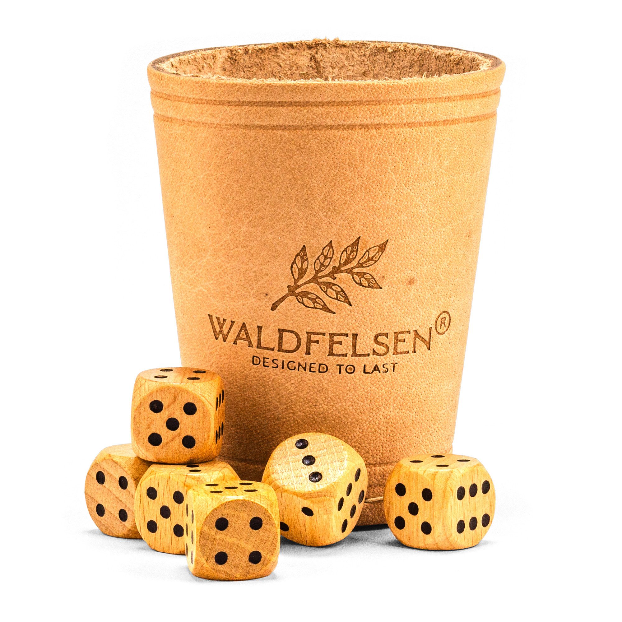 Waldfelsen Spiel – Echtleder Würfelbecher (9 cm) mit 6 Würfeln (16 mm) aus Buchenholz, Würfelspiel, Verschiedene Farben