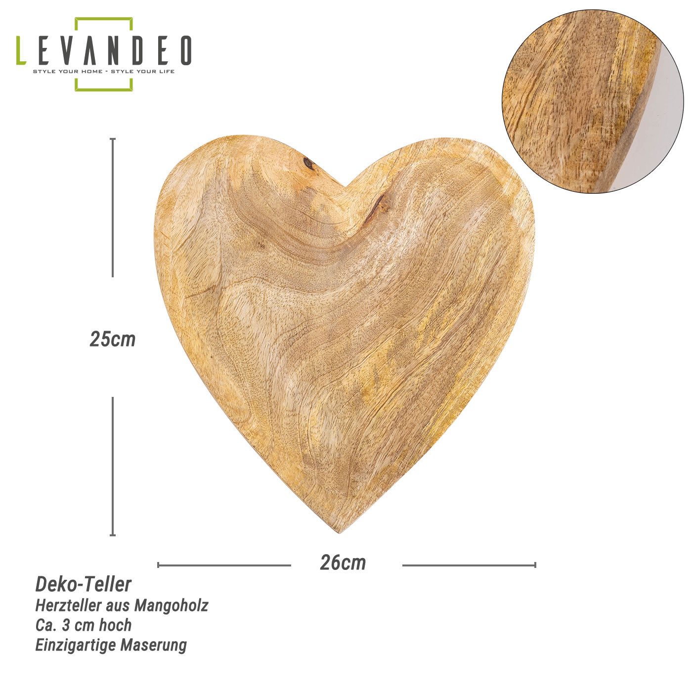 Levandeo® Dekoteller, Deko-Teller Herz 26cm Mangoholz günstig online kaufen