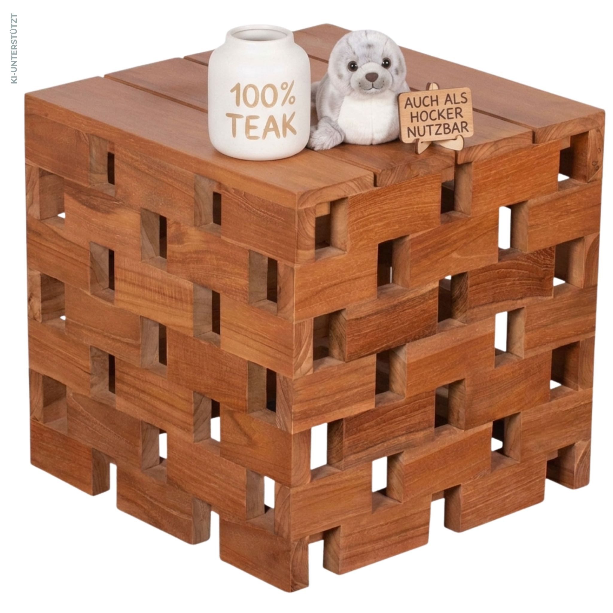 MR.DEKO Beistelltisch Dunham Teak 50 cm Hocker Garten Beistelltisch Holz wetterfest (Ideal zu Deckchairs kombinierbar – für drinnen & draußen geeignet, 1-St), Plantagen-Teak Vollholz – wetterfest, vielseitig, Stauraum