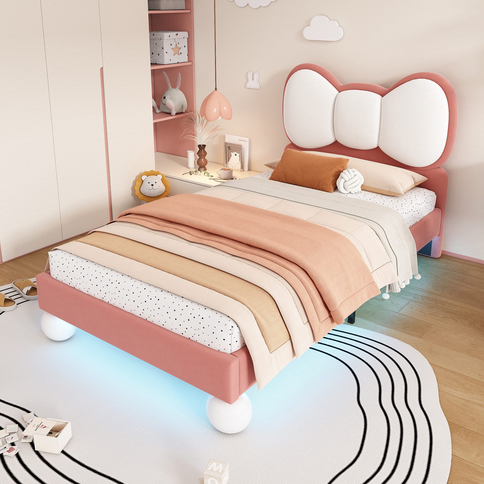 STILVORA Kinderbett Polsterbett 90x200 mit LED und Bogenkopfteil,Einzelbett Beige+Rosa (mit Fliegeformigem Kopfteil, Farblich Einstellbarer LED-Lichtleiste, Samt-Oberfläche & Stabile Lattenroste, 90x200 cm), ohne Matratze