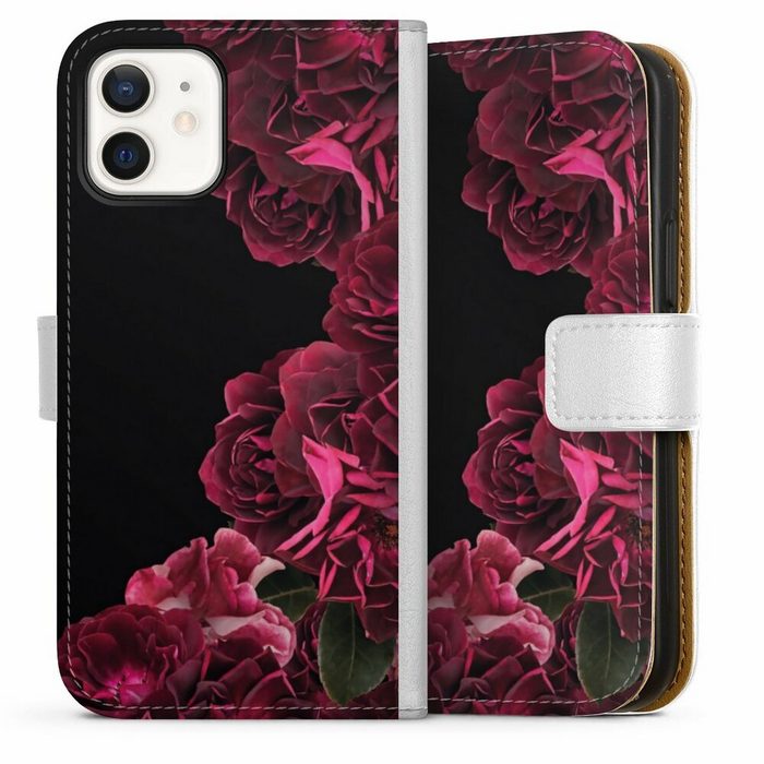 DeinDesign Handyhülle Rose Vintage pink Vintage Rosen auf Schwarz Apple iPhone 12 Hülle Handy Flip Case Wallet Cover Handytasche Leder