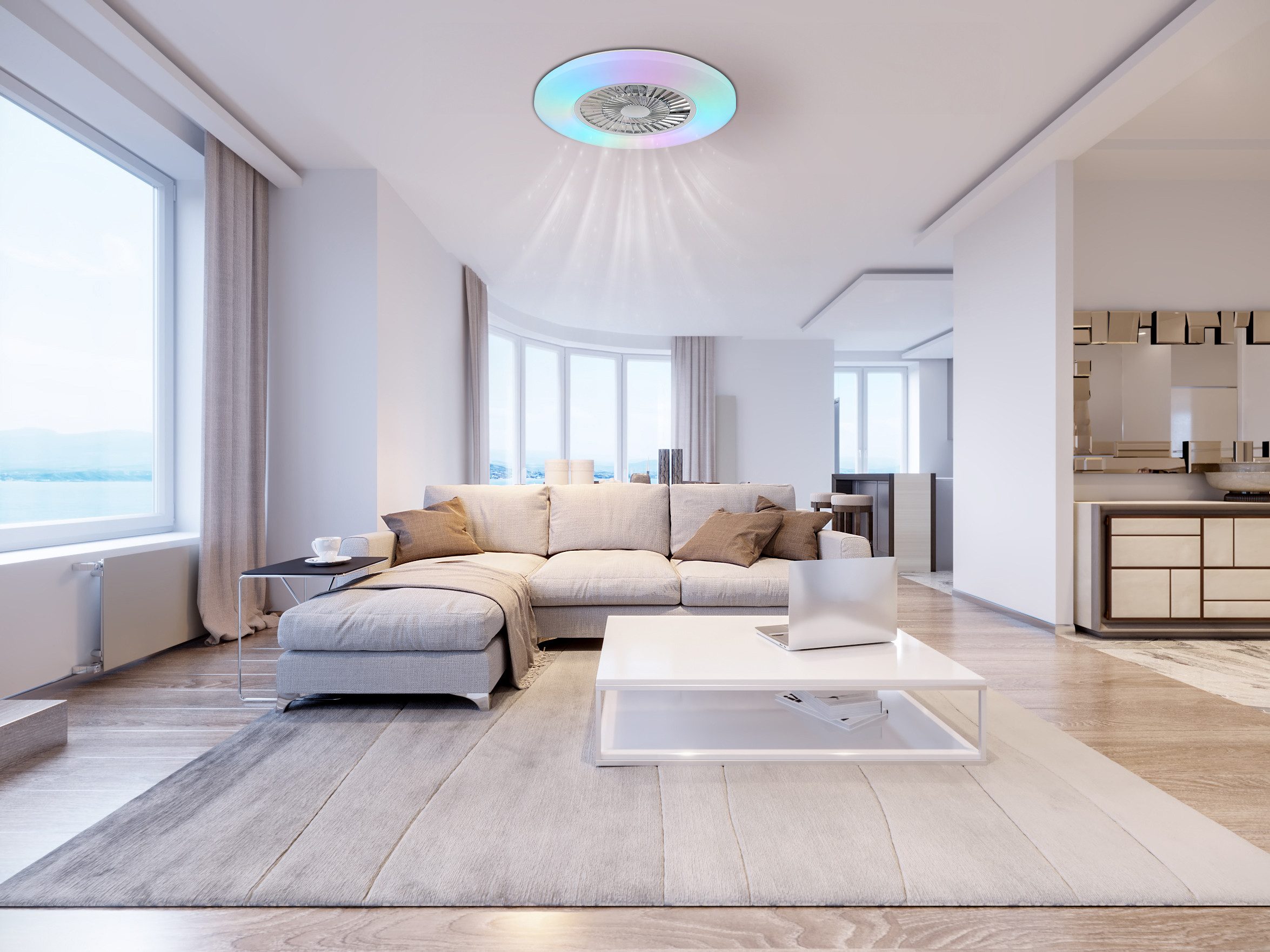 GLOBO LIGHTING Deckenleuchte ALVA, Dimmfunktion, Fernbedienung, Infrarot inkl., Memoryfunktion, Nachtlichtfunktion, RGB, Timerfunktion, Ventilatorfunktion, mehrere Helligkeitsstufen, LED fest integriert, warmweiß - kaltweiß, Ventilator RGB bunt Regenbogen Funktionen heizen-kühlen Wohnraum