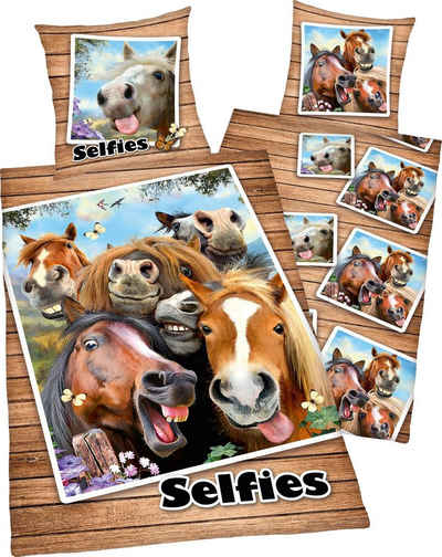 Kinderbettwäsche Selfies Pferde, Renforcé, 2 teilig, mit Pferdeköpfen