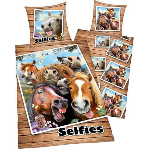 Kinderbettwäsche Selfies Pferde, Renforcé, 2 teilig, mit Pferdeköpfen