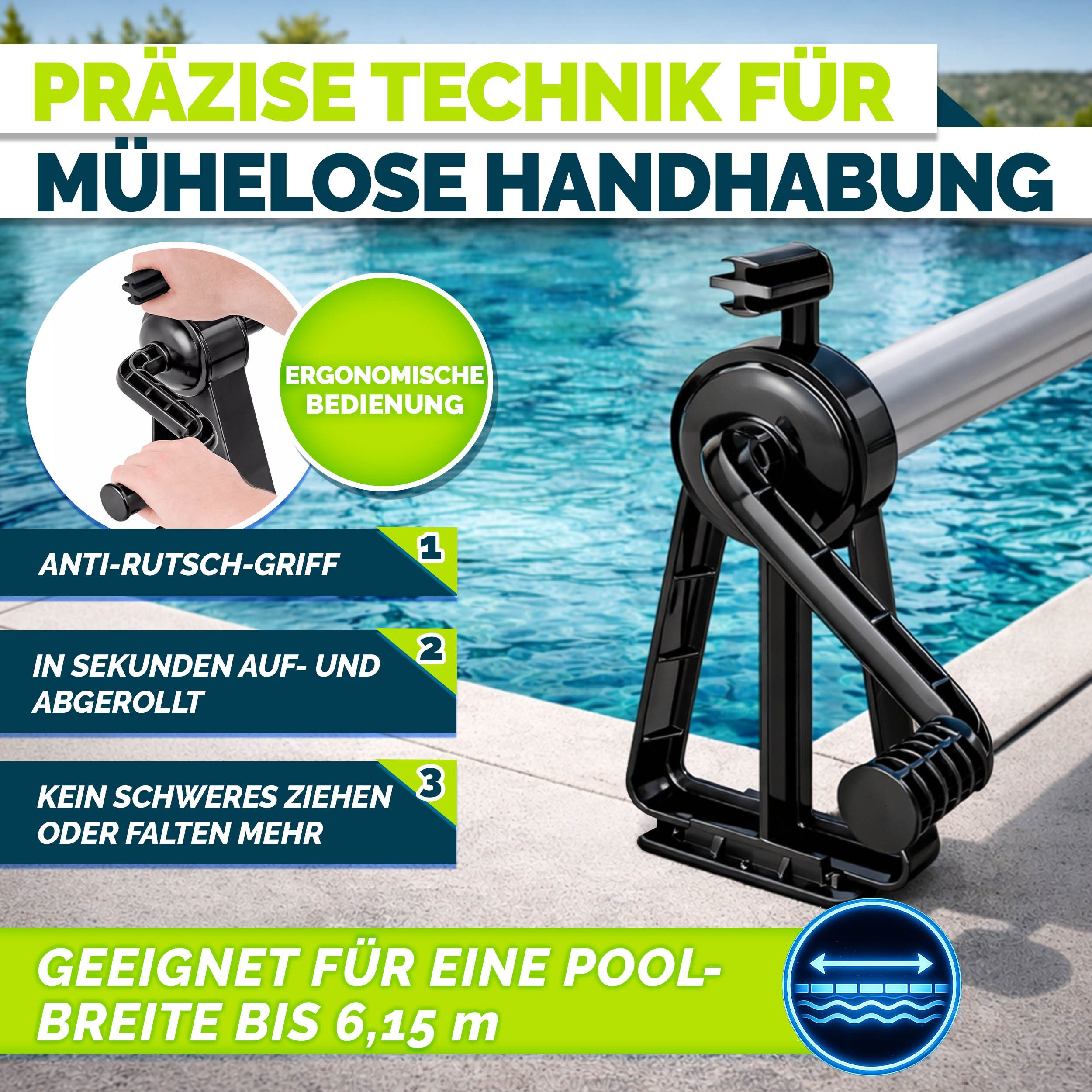 tillvex Gartentisch tillvex Pool Aufroller Premium 1,05-6,15 m inkl. Thermometer & Bänder (für Poolplane & Abdeckung, witterungsbeständiges Material, Aufrollsystem für Solarplane, Mobile Aufrollvorrichtung), Pool Aufroller Premium 1,05-6,15 m + Thermometer & Bänder