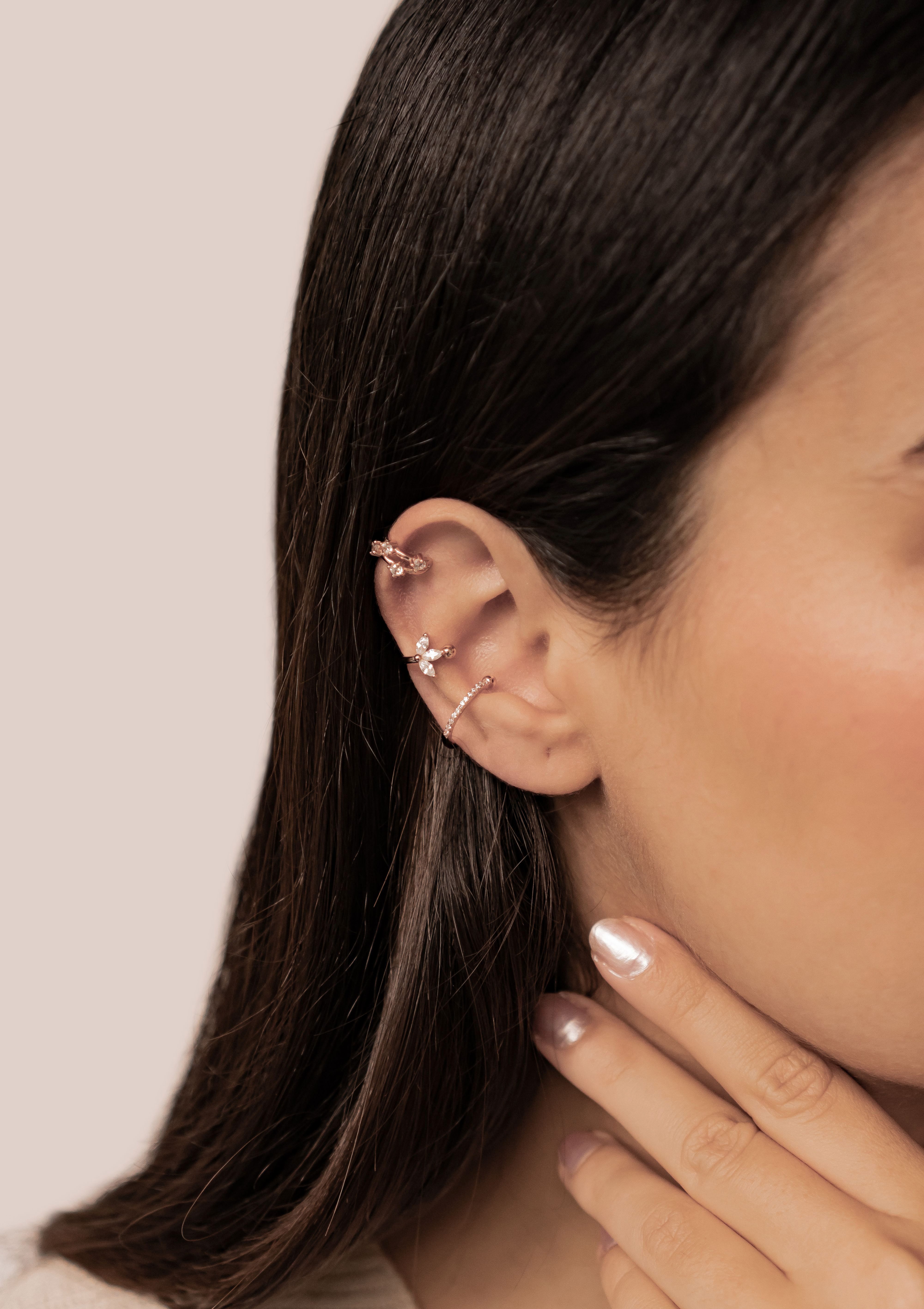 Hey Happiness Ohrklemmen-Set 3er Kristalle, Ear Cuff Silber 925 Damen, Vergoldetes Layer Set 3-tlg., Ohrringe ohne Loch