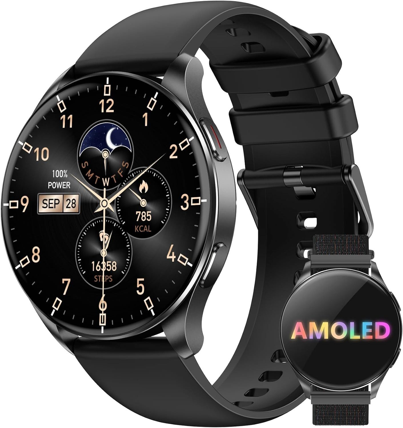 IOWODO W40 Smartwatch (3,6 cm, android ios), Smartwatch mit AMOLED Display Bluetooth Anrufen Fitness und 2 Armbänd