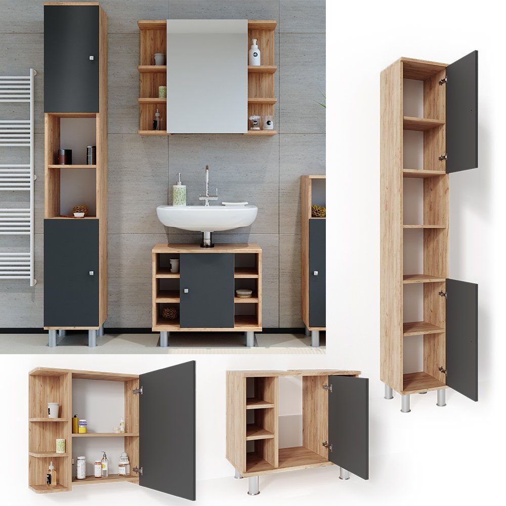 Vicco Badmöbel-Set Fynn, Eiche/Anthrazit, 3 Teile, mit Hochschrank, (3-er S günstig online kaufen