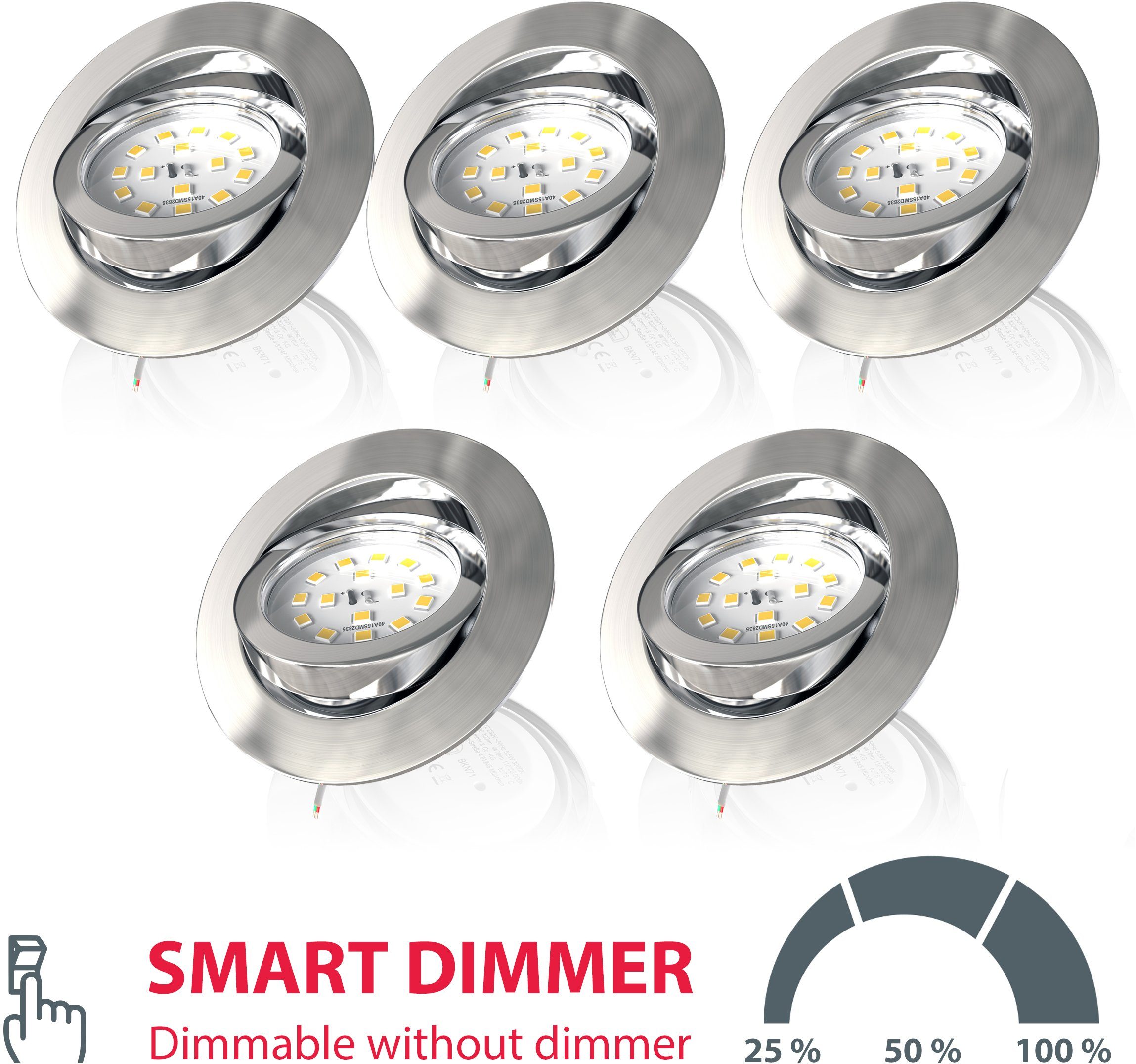 schwenkbar LED Einbauleuchte, Wandschalter, Warmweiß, 3-stufig, LED fest LED dimmbar, B.K.Licht Einbaustrahler, integriert,