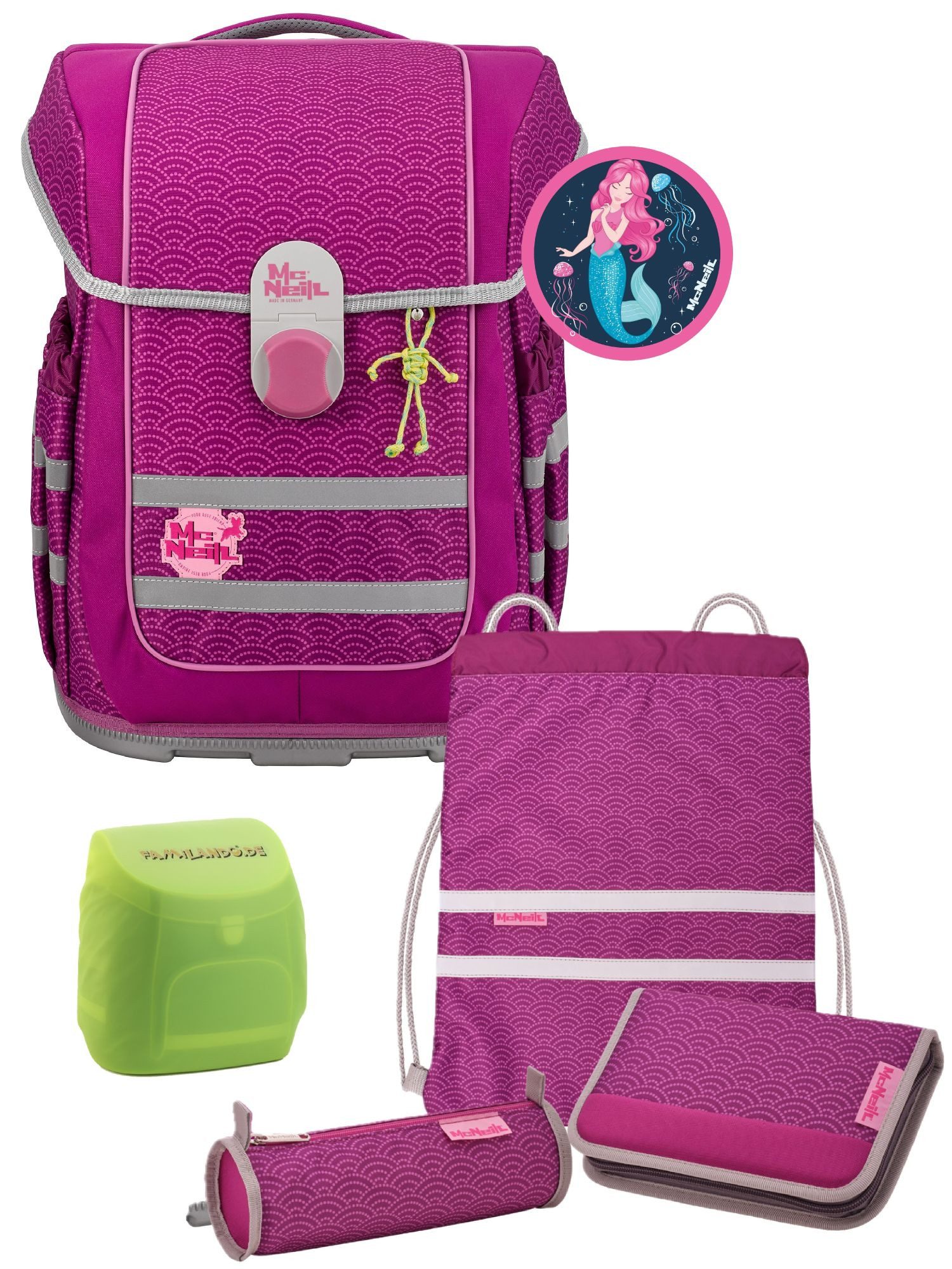 McNeill Schulranzen Ergo Complete 1.-4. Klasse ergonomisch, leicht, Volumen 20 Liter (Set, 6-tlg., inkl. Federmäppchen, Turnbeutel, Schlamper und Motivmagnet), ClickFlex-Rückensystem, Reflektoren, inkl. McAddy Meerjungfrau