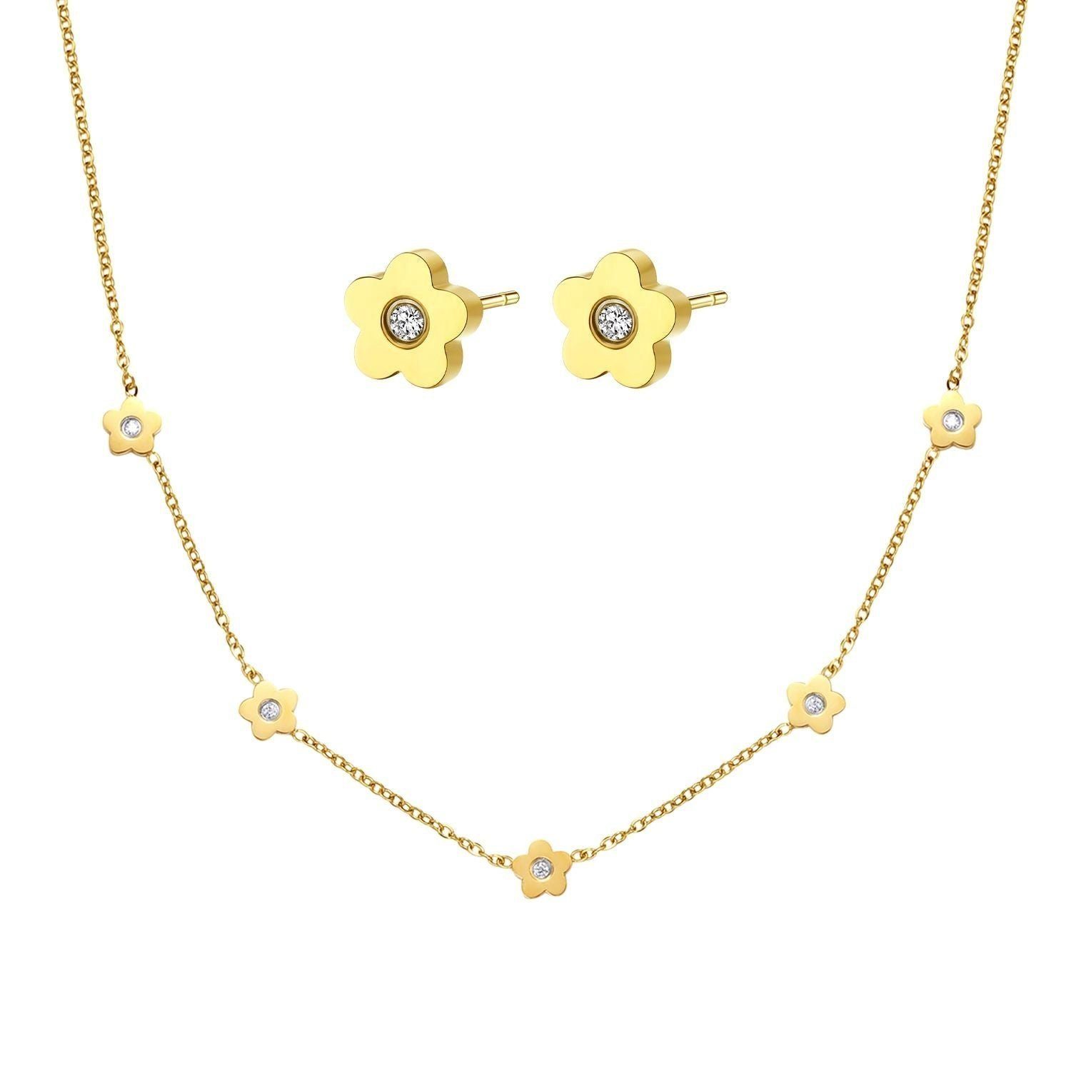 Ohrring und Ketten Set Petite Blumen, 2er Damen Layer Set mit Zirkon