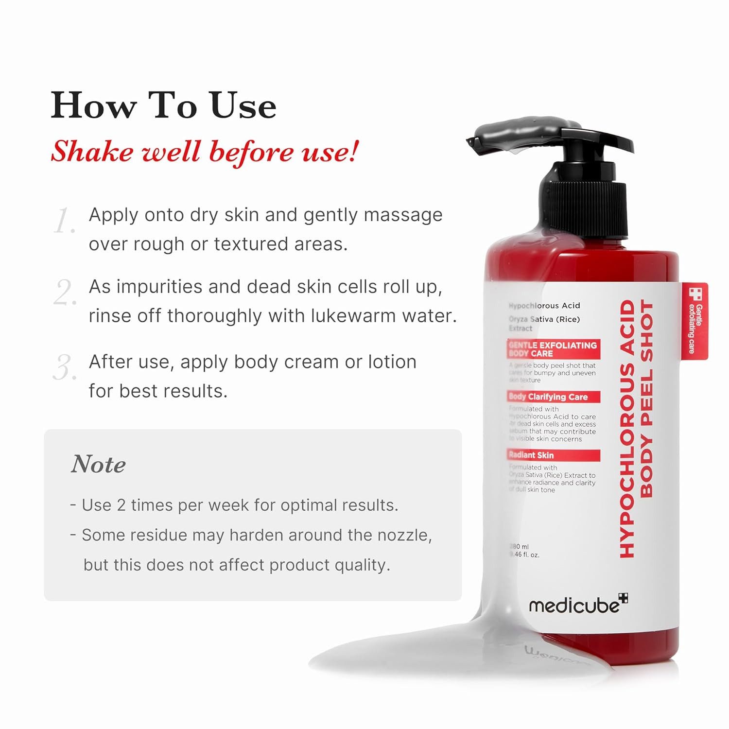 Medicube Bodylotion Hypochlorous Acid Body Peel Shot 280ml – Körperpeeling gegen Bacne für Rücken, Oberarme und weitere Problemzonen des Körpers, mit Reisextrakt, Centella Asiatica & Panthenol für beruhigte Haut
