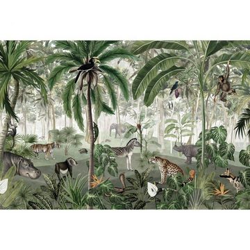 K&L Wall Art Fototapete Fototapete Baby Kinderzimmer Dschungel Wald Affe Tiger Elefant Vliestapete, große XXL Motivtapete